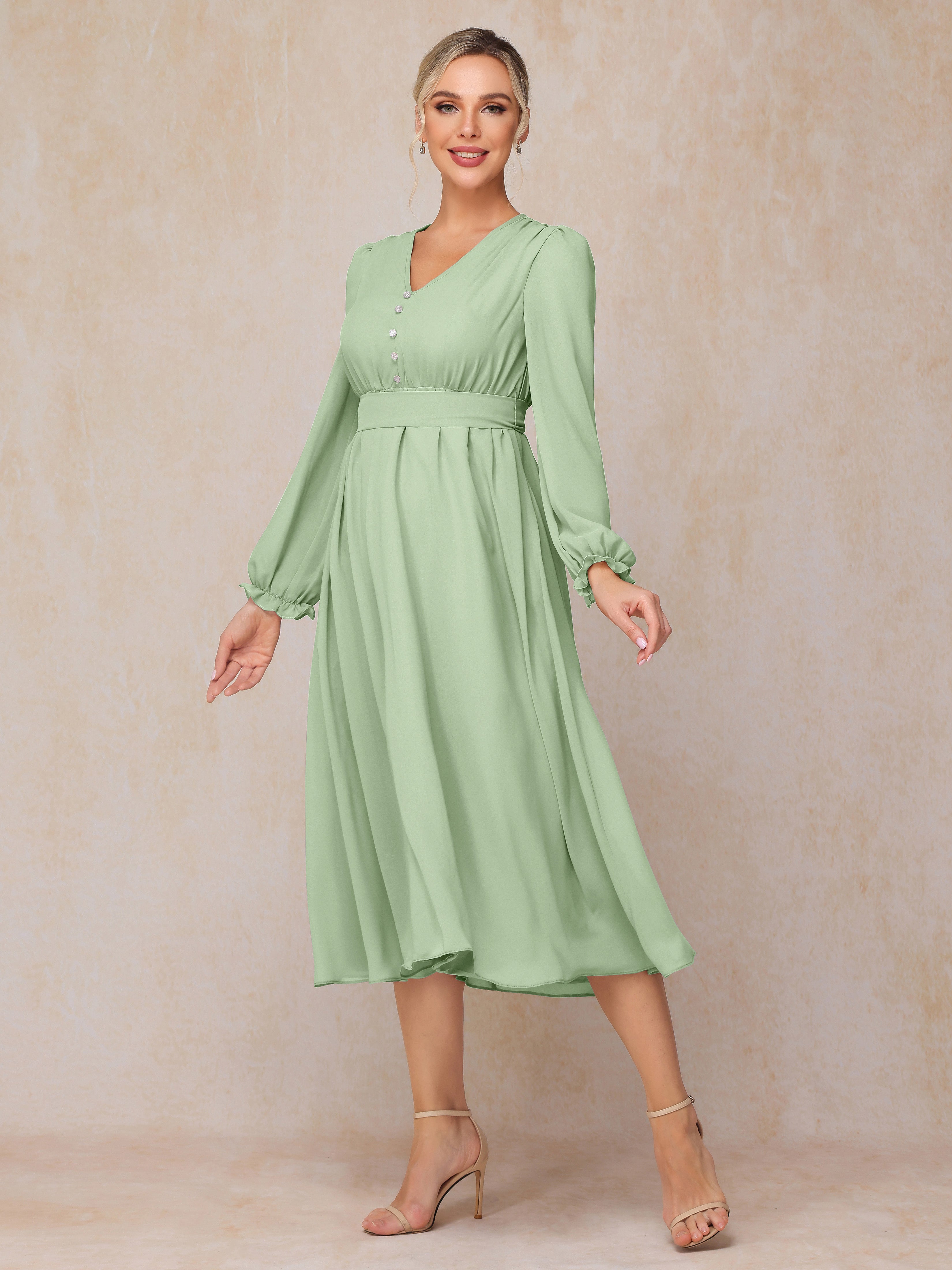 V Neck Long Sleeves Tea Length Chiffon Mother Of The Groom Dress