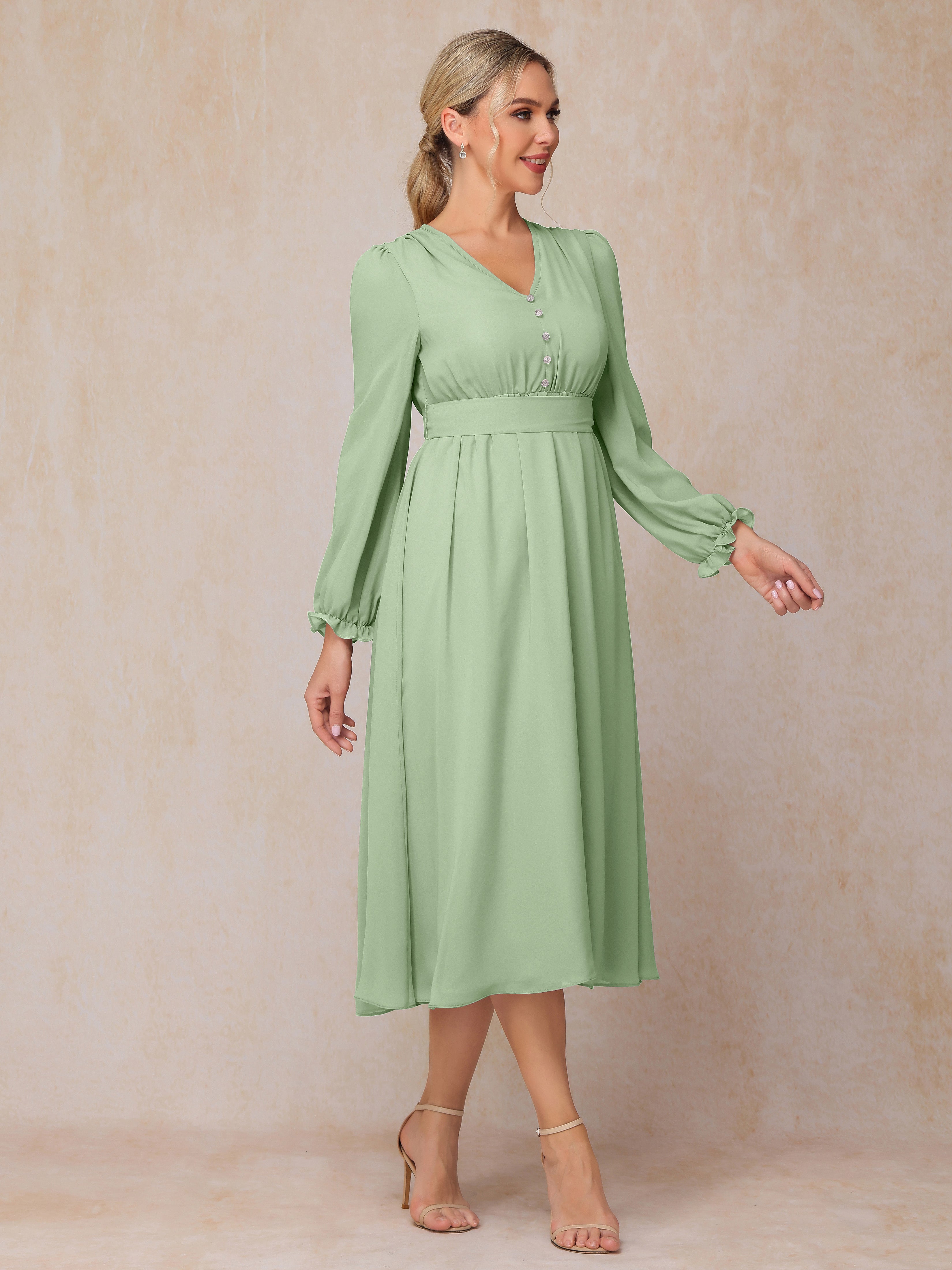 V Neck Long Sleeves Tea Length Chiffon Mother Of The Groom Dress
