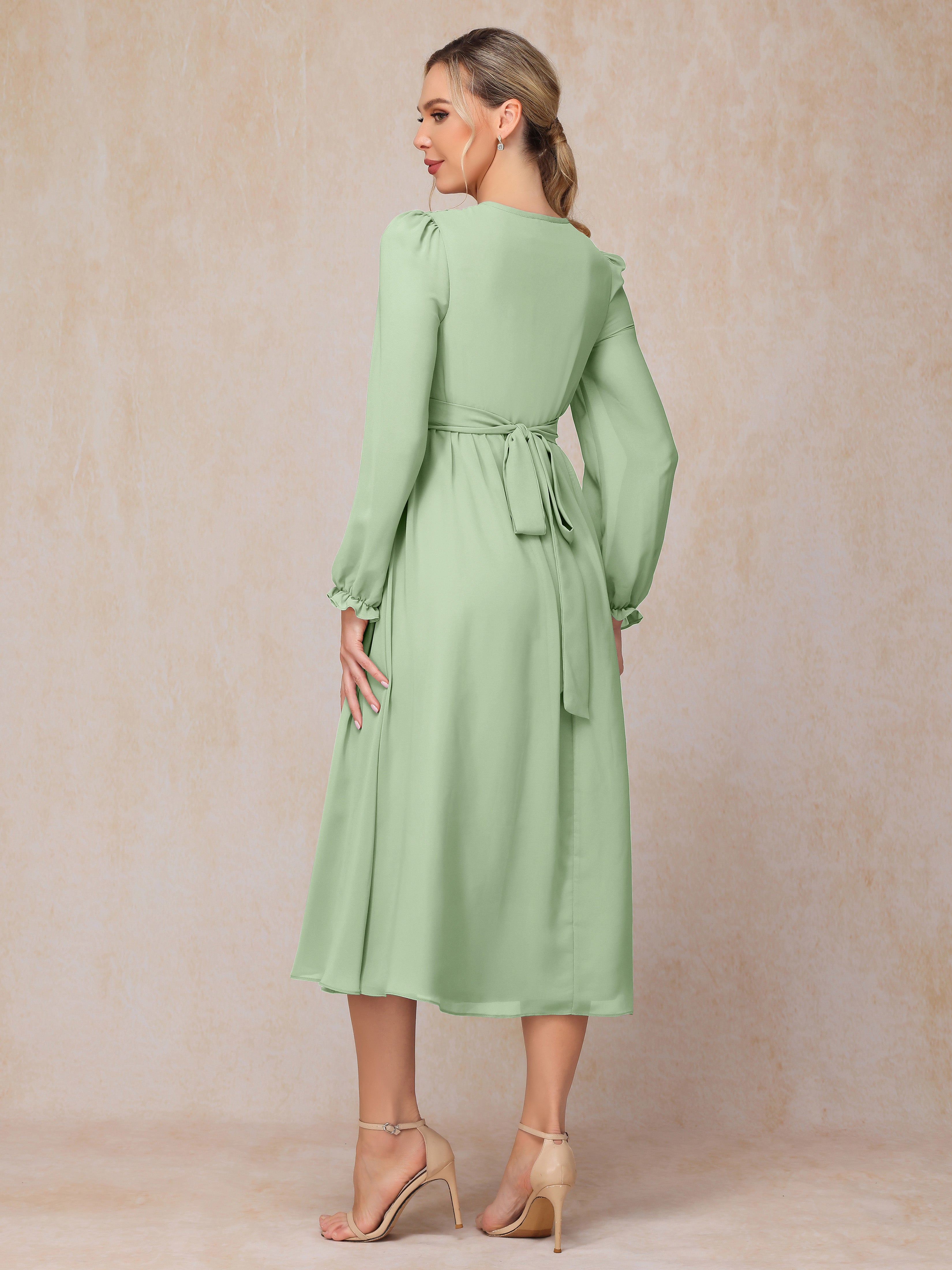 V Neck Long Sleeves Tea Length Chiffon Mother Of The Groom Dress