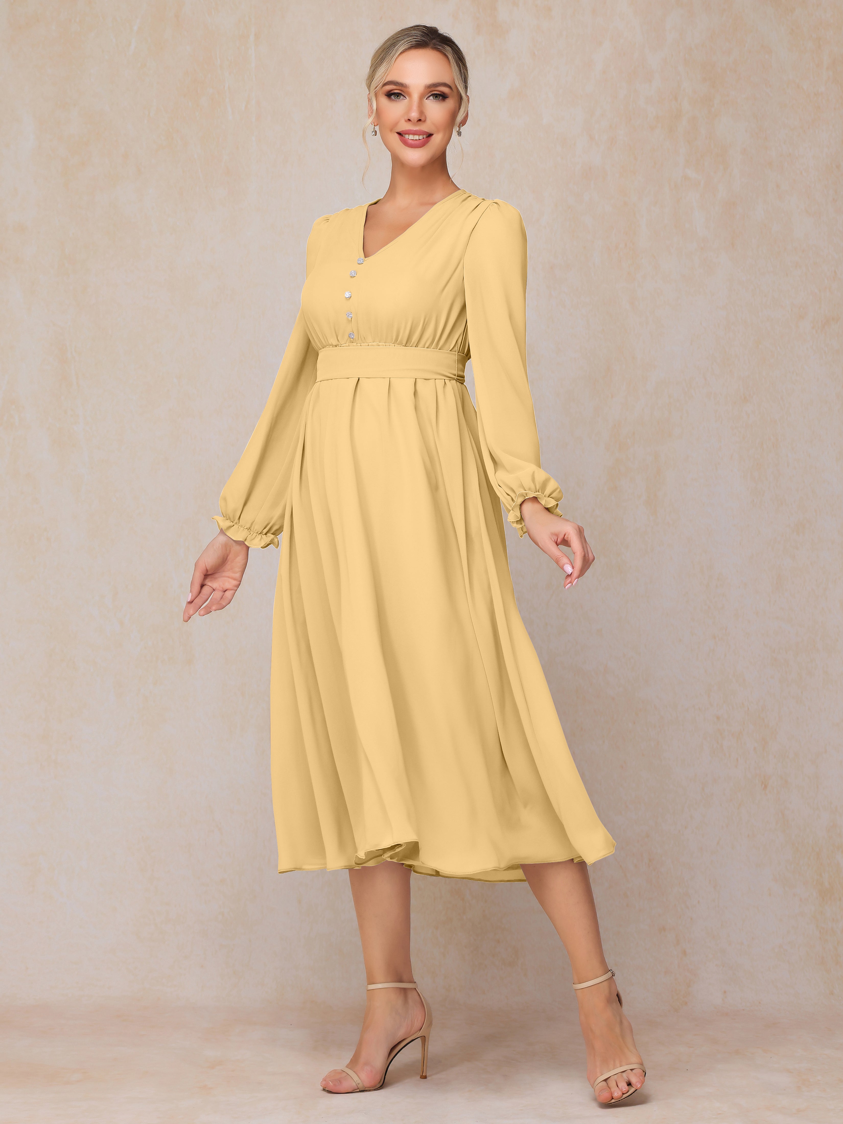 V Neck Long Sleeves Tea Length Chiffon Mother Of The Groom Dress