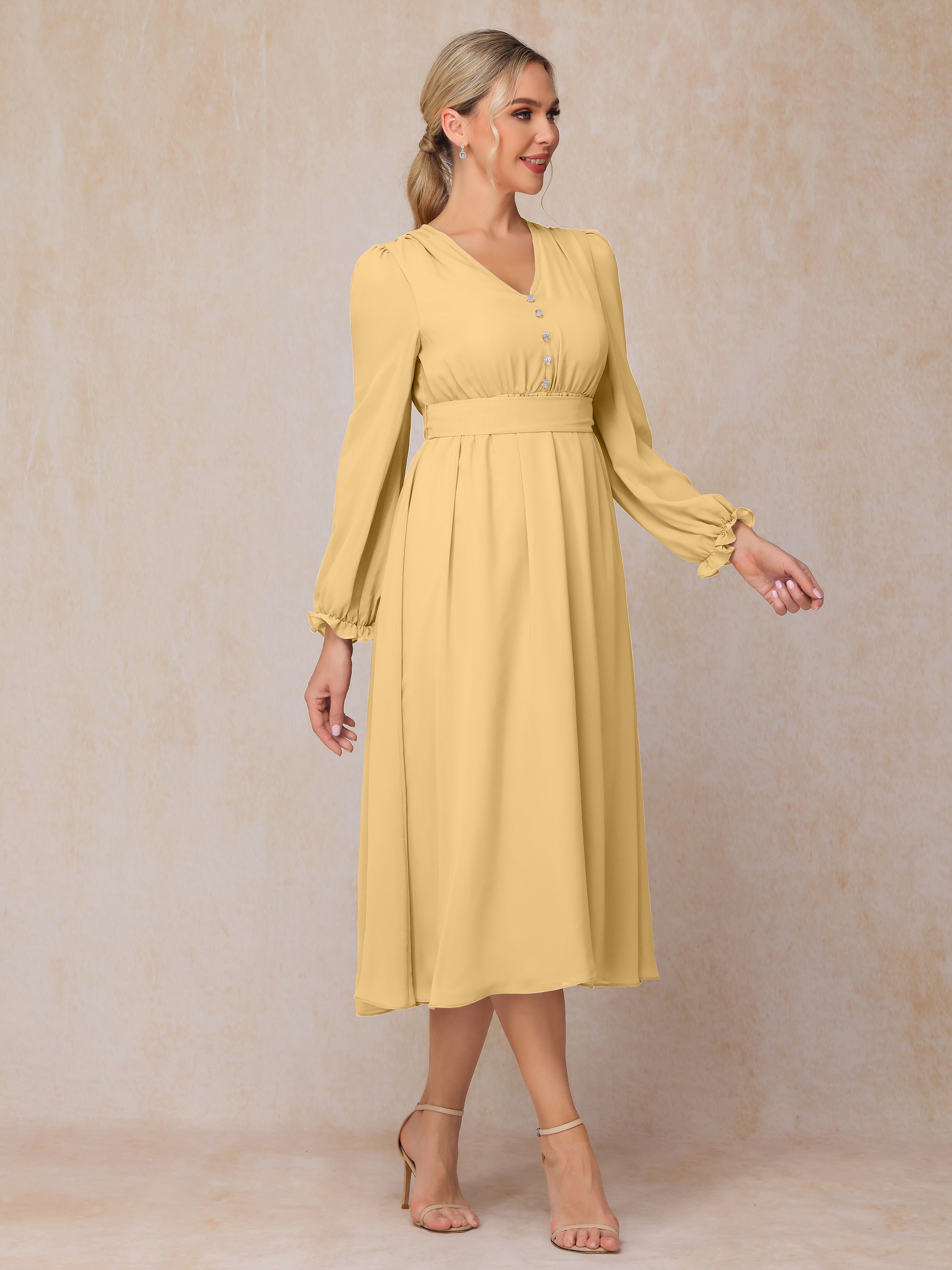 V Neck Long Sleeves Tea Length Chiffon Mother Of The Groom Dress