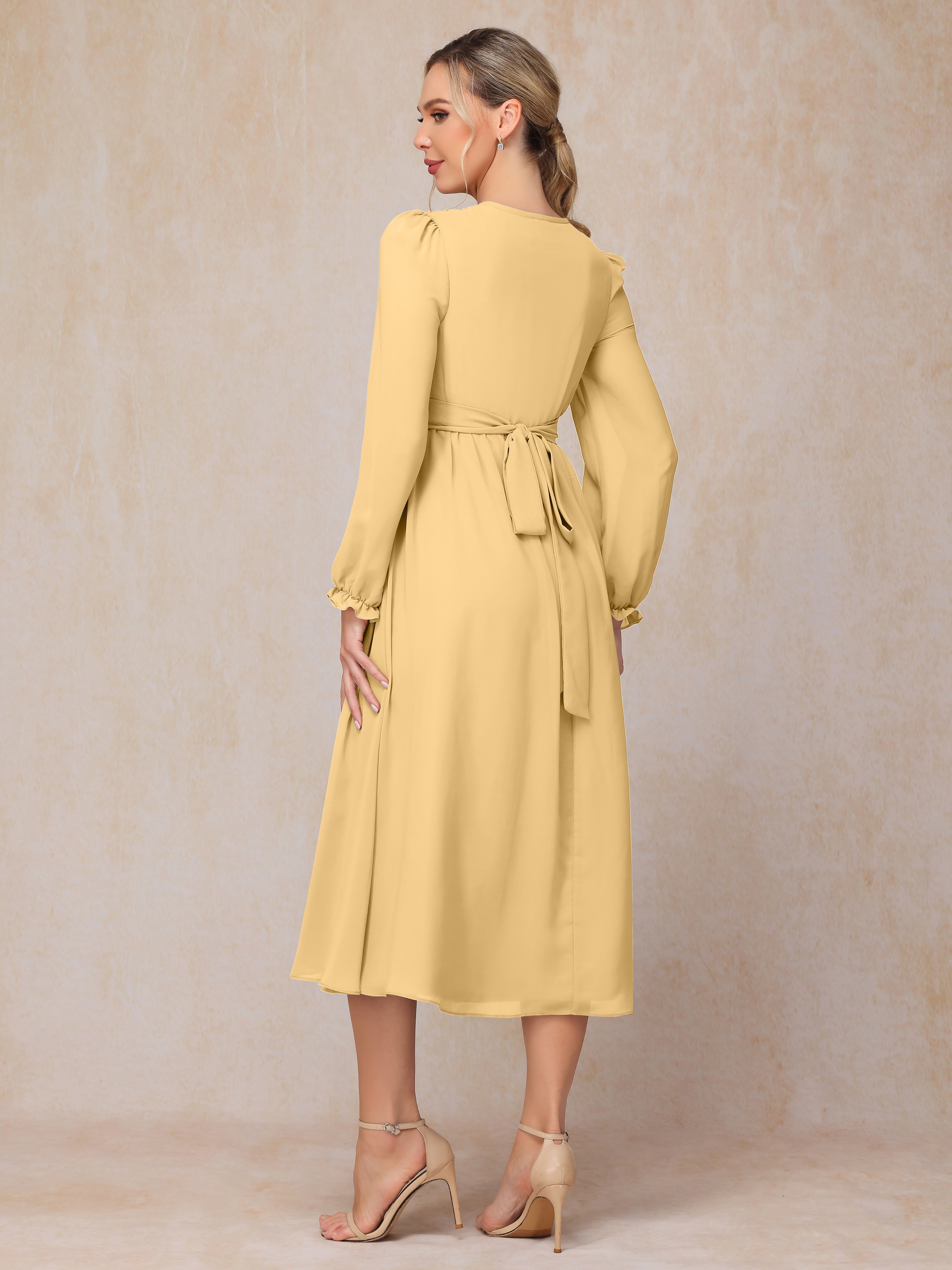 V Neck Long Sleeves Tea Length Chiffon Mother Of The Groom Dress