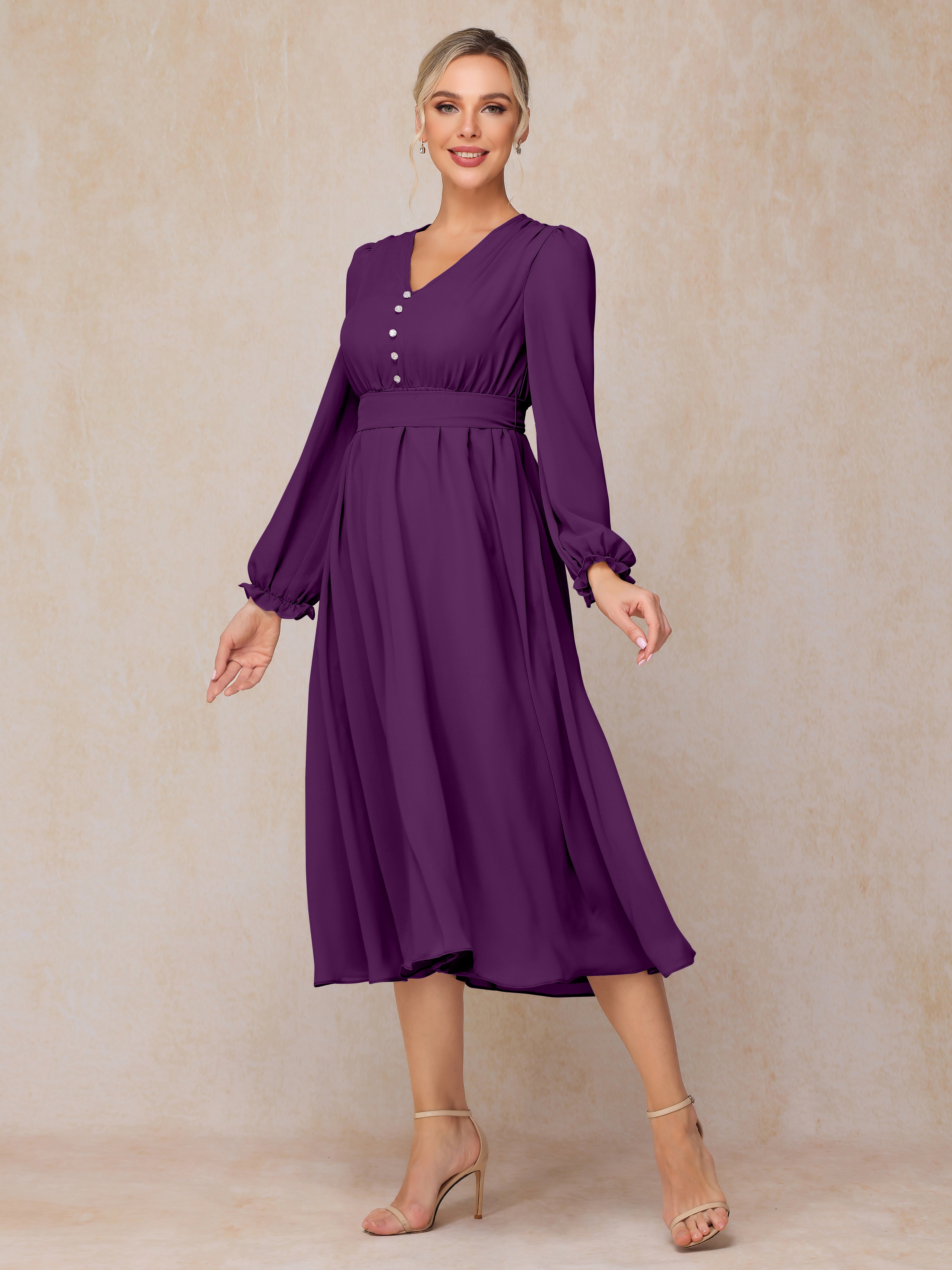V Neck Long Sleeves Tea Length Chiffon Mother Of The Groom Dress