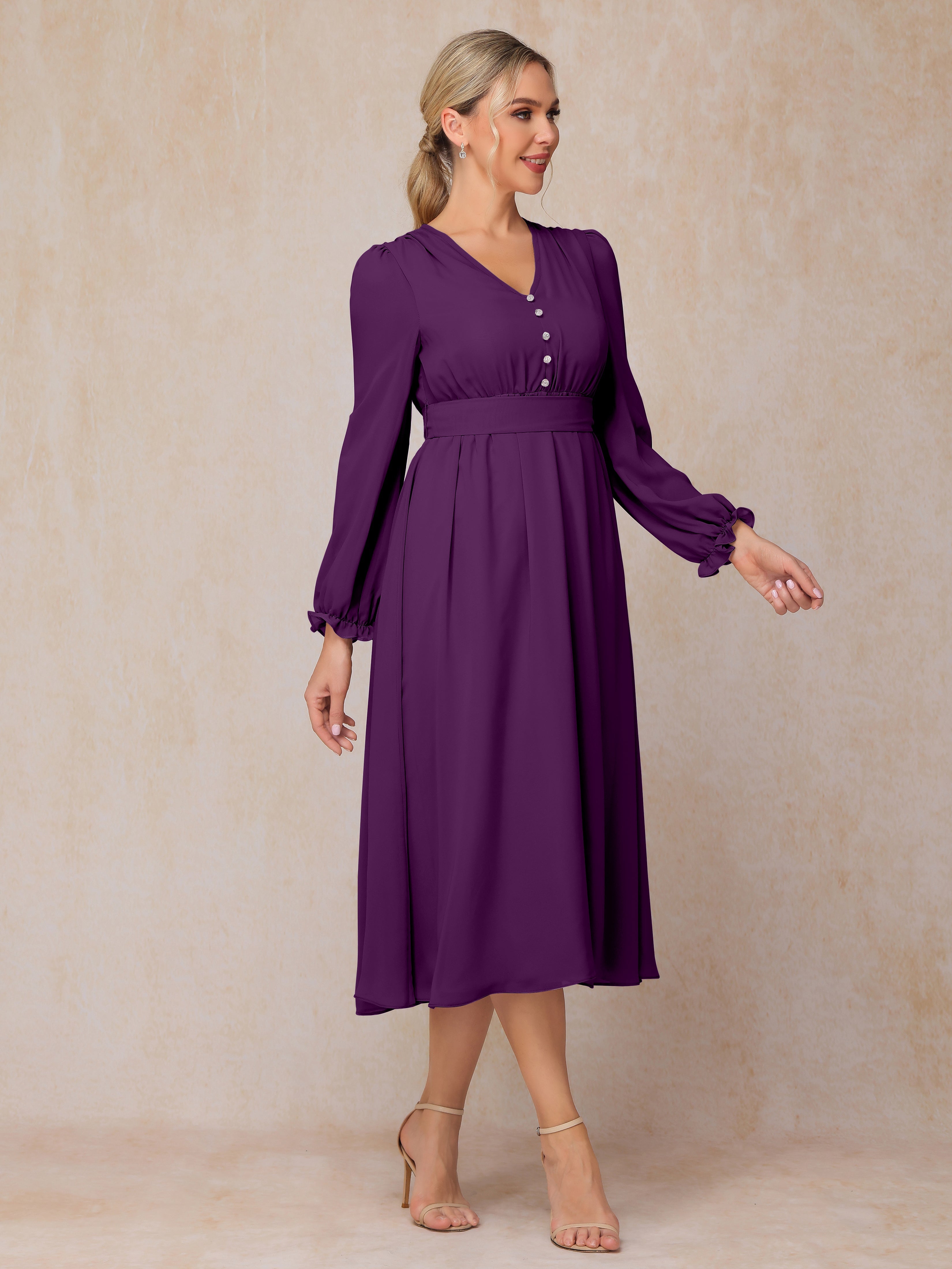 V Neck Long Sleeves Tea Length Chiffon Mother Of The Groom Dress