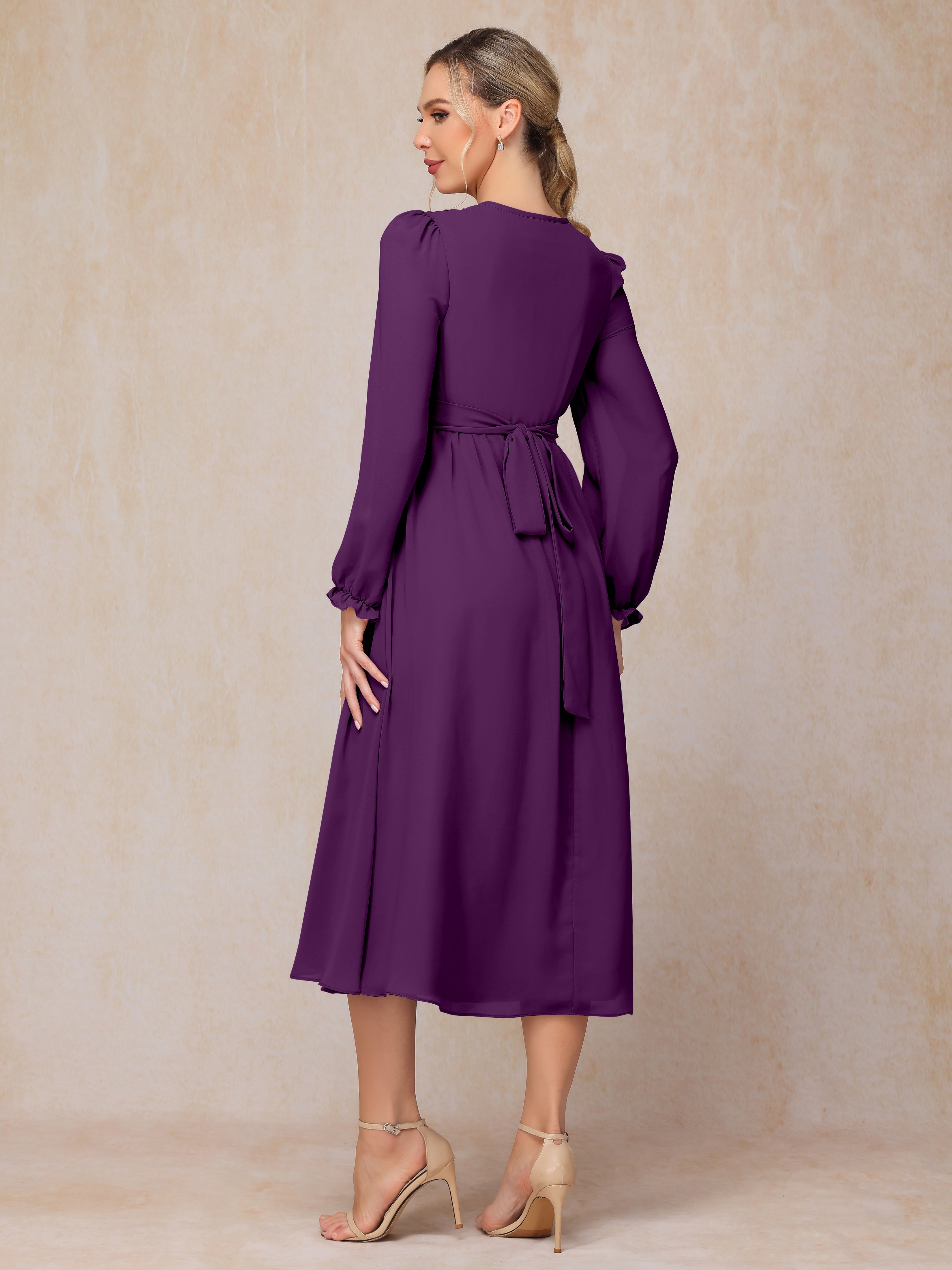 V Neck Long Sleeves Tea Length Chiffon Mother Of The Groom Dress