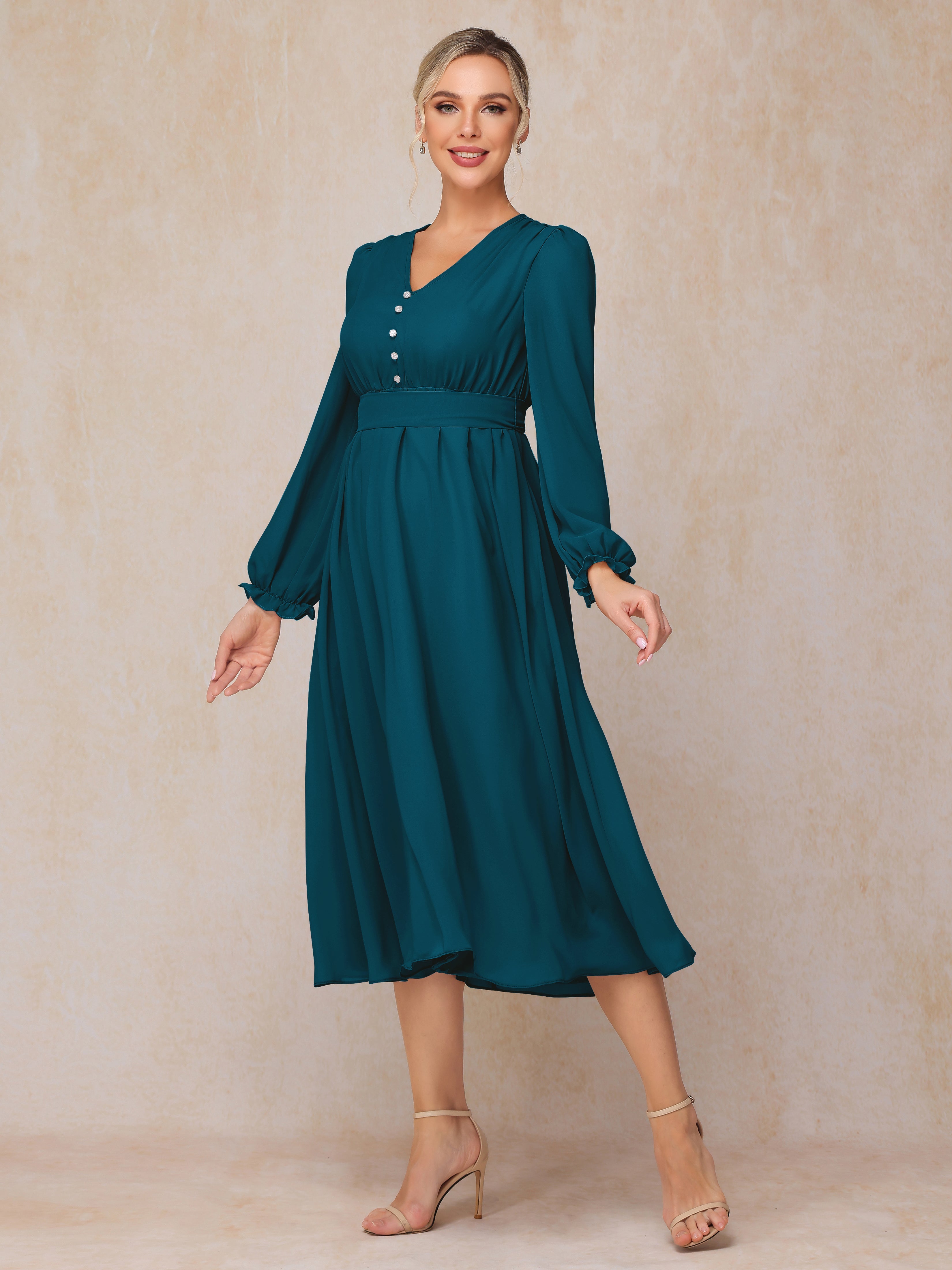 V Neck Long Sleeves Tea Length Chiffon Mother Of The Groom Dress