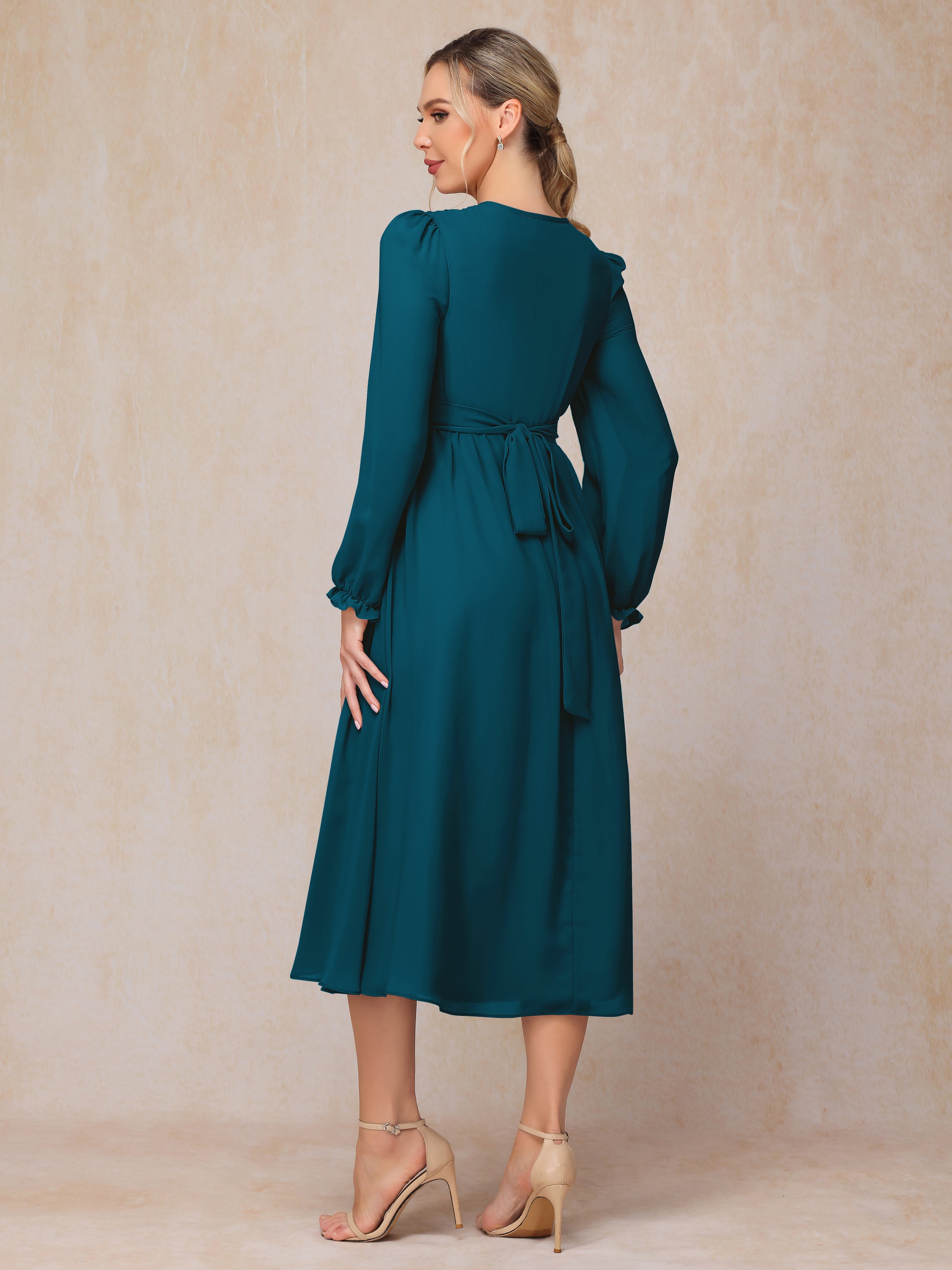 V Neck Long Sleeves Tea Length Chiffon Mother Of The Groom Dress