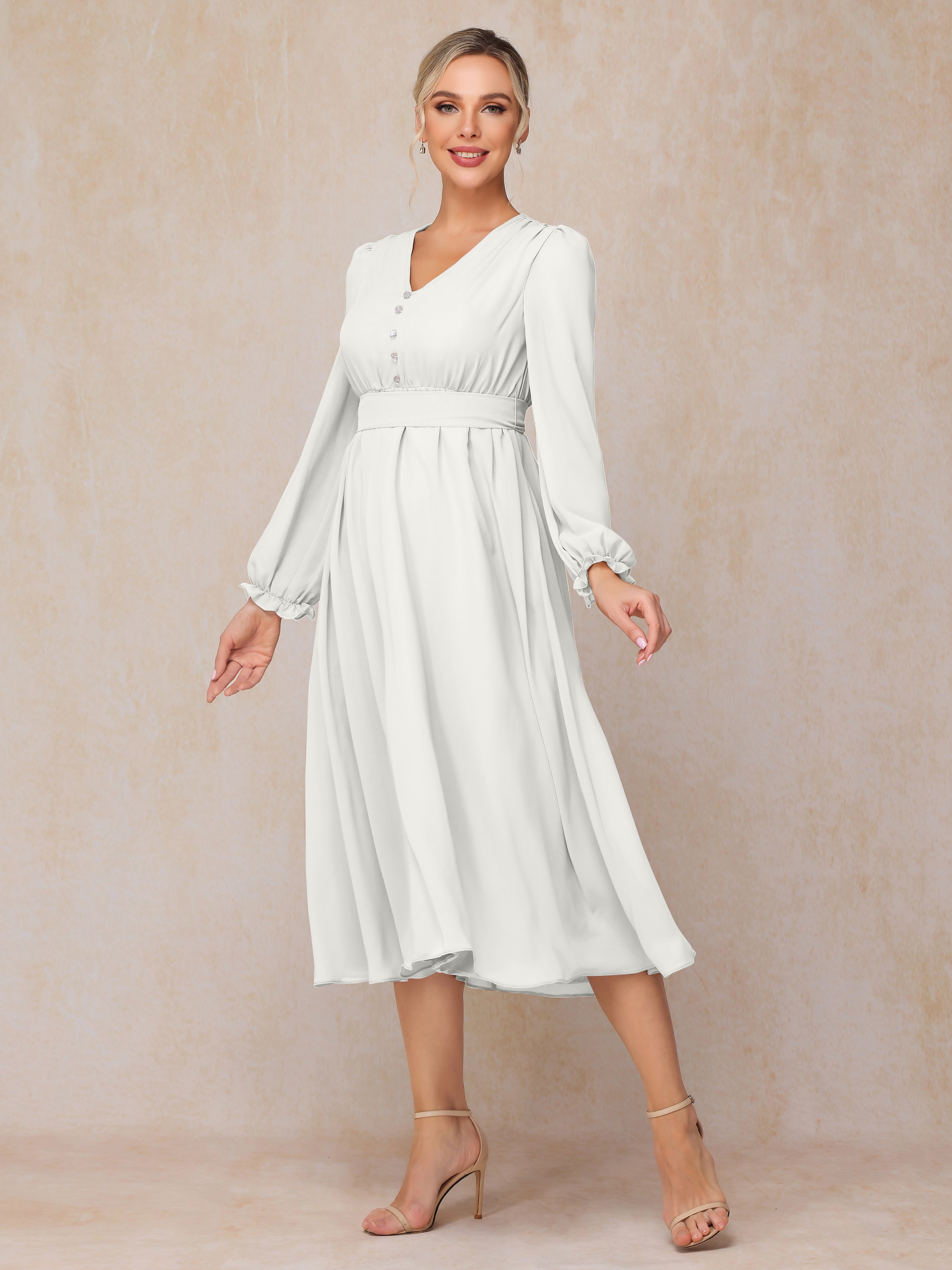 V Neck Long Sleeves Tea Length Chiffon Mother Of The Groom Dress