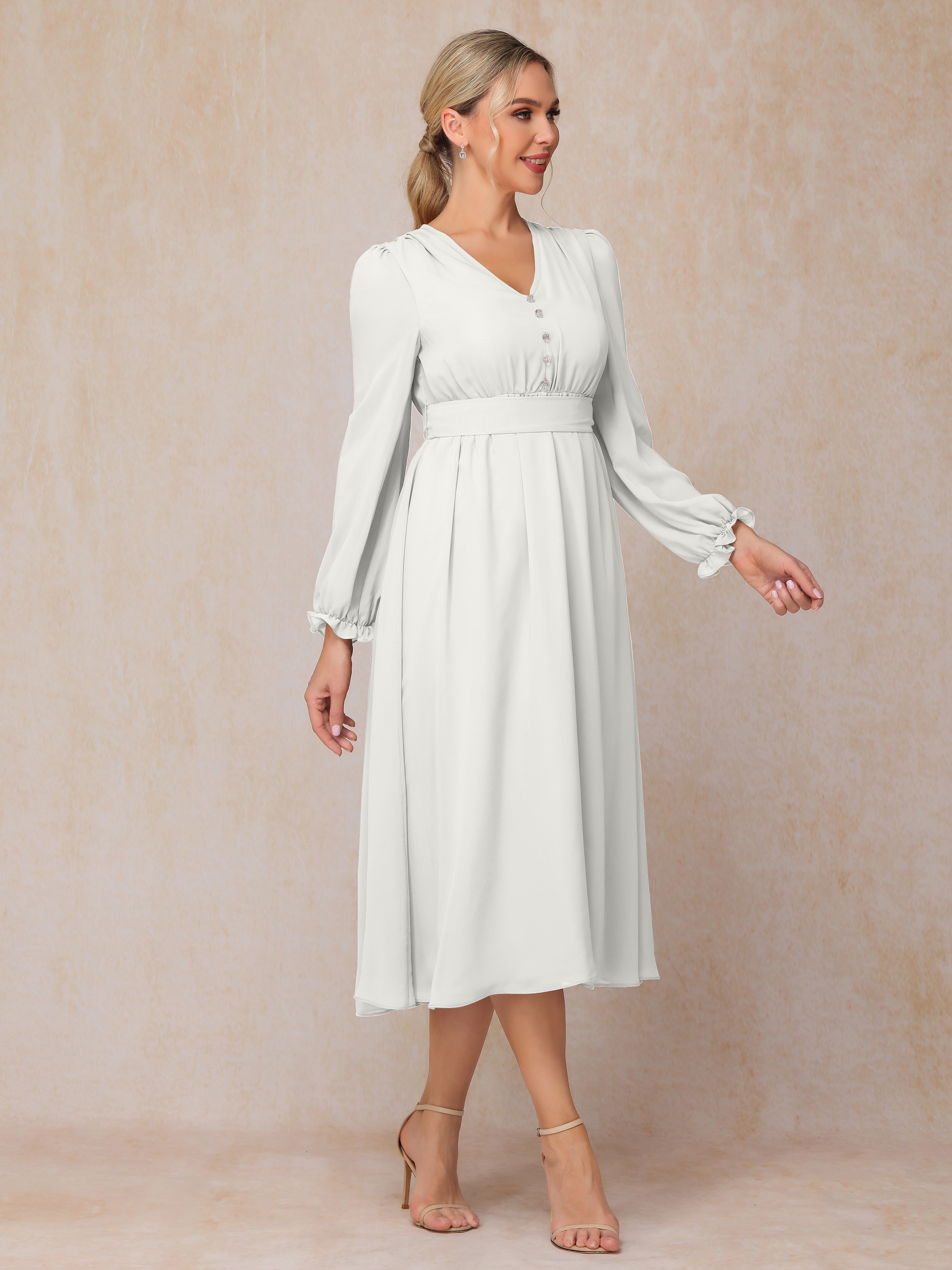 V Neck Long Sleeves Tea Length Chiffon Mother Of The Groom Dress