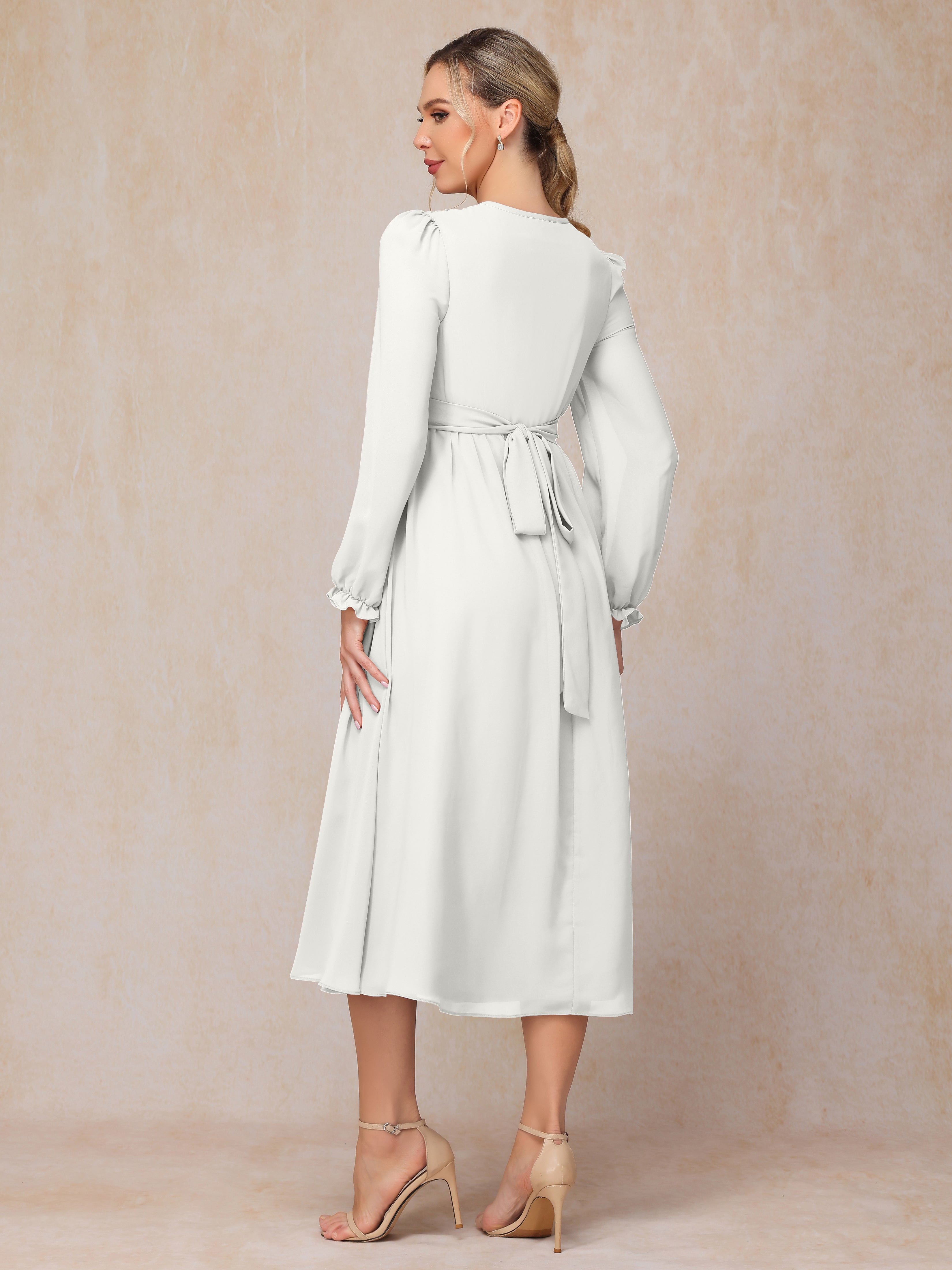 V Neck Long Sleeves Tea Length Chiffon Mother Of The Groom Dress