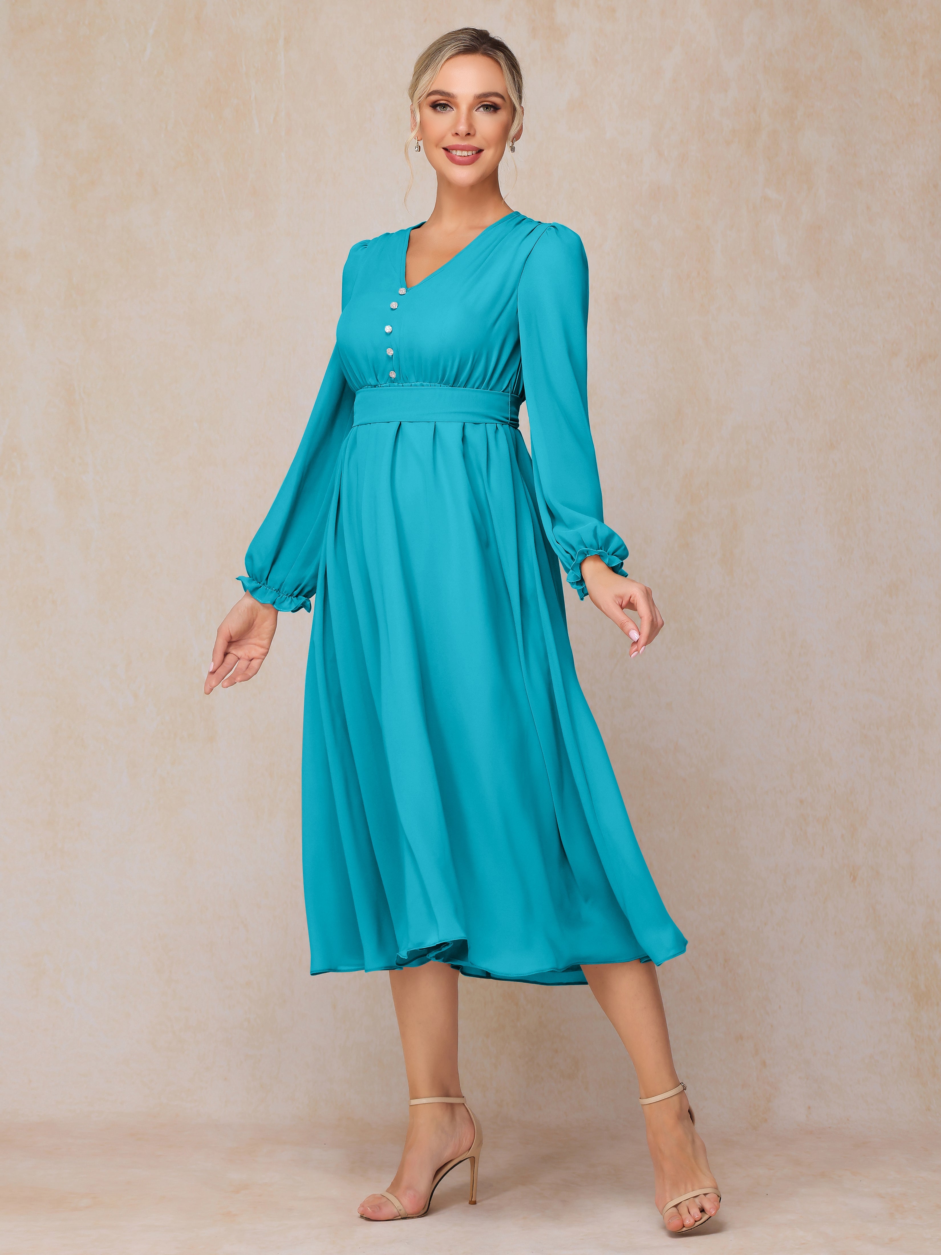 V Neck Long Sleeves Tea Length Chiffon Mother Of The Groom Dress