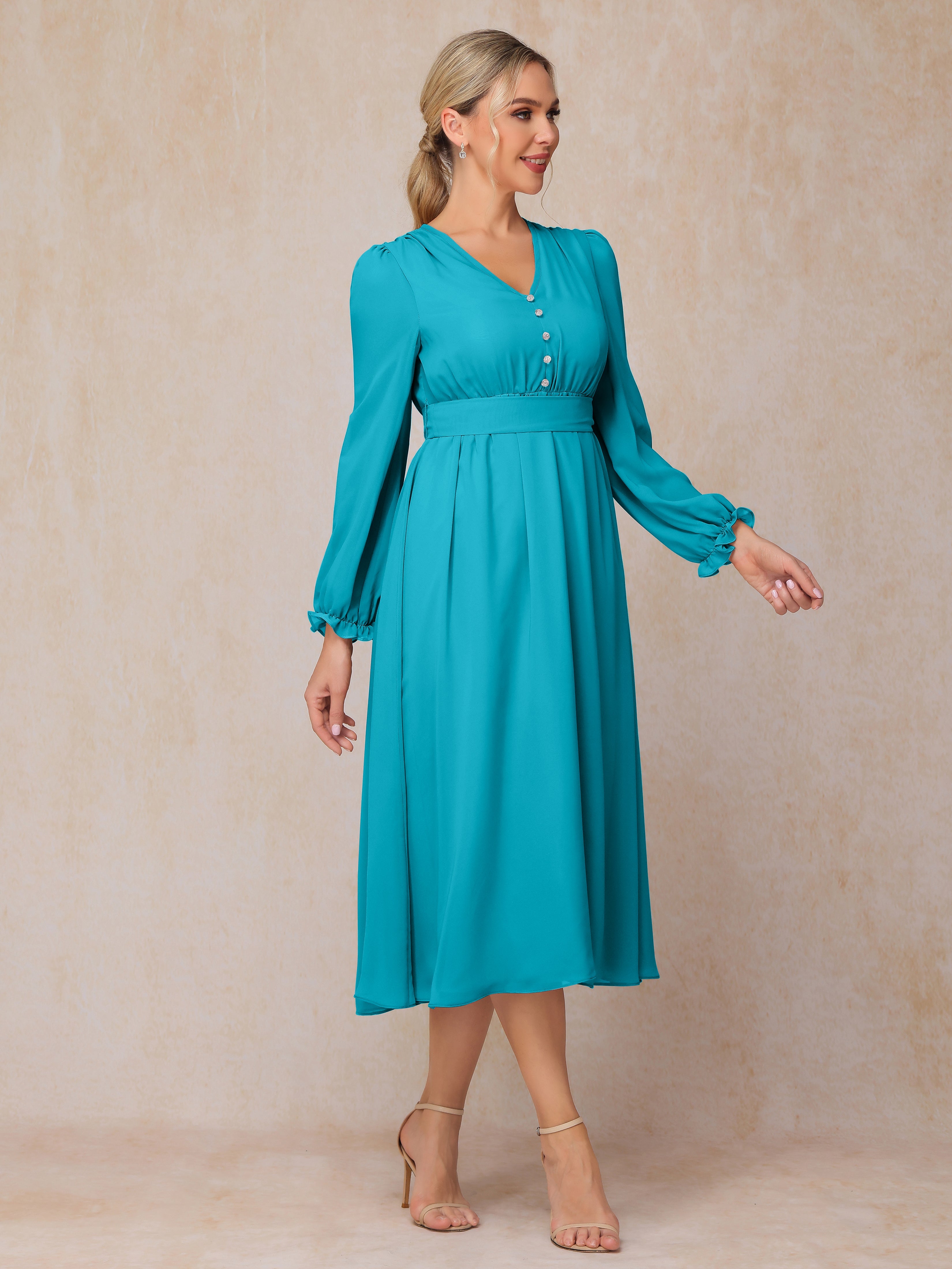 V Neck Long Sleeves Tea Length Chiffon Mother Of The Groom Dress