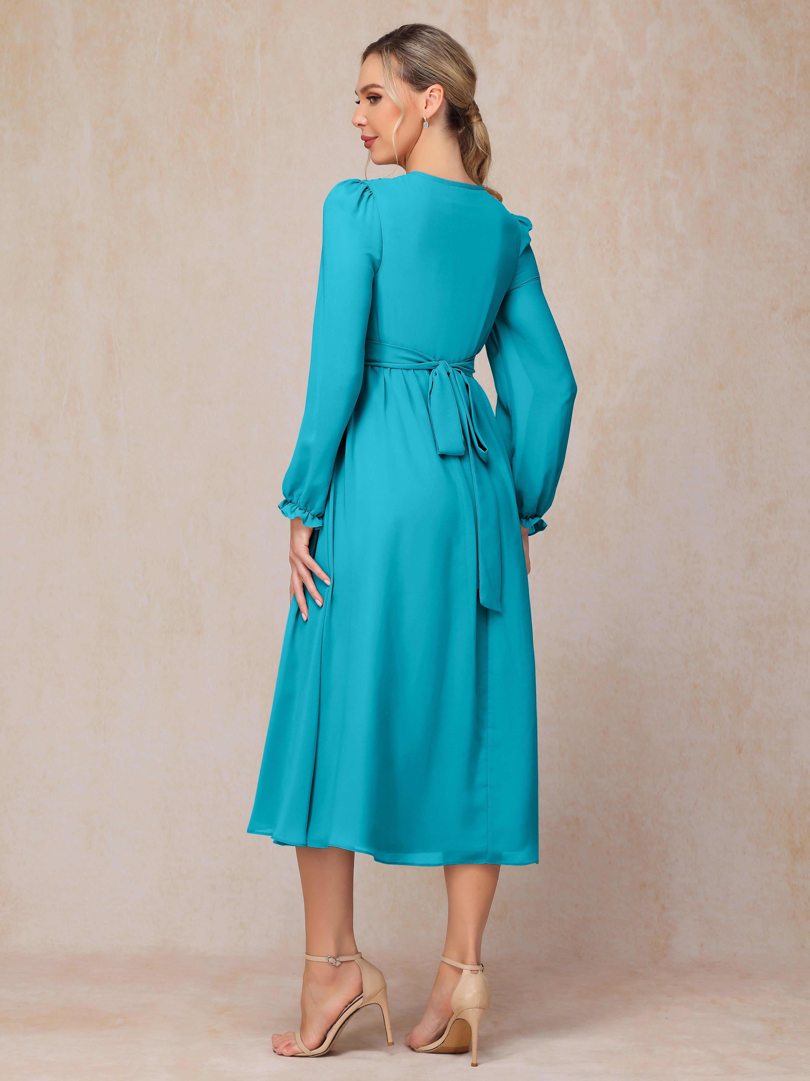 V Neck Long Sleeves Tea Length Chiffon Mother Of The Groom Dress