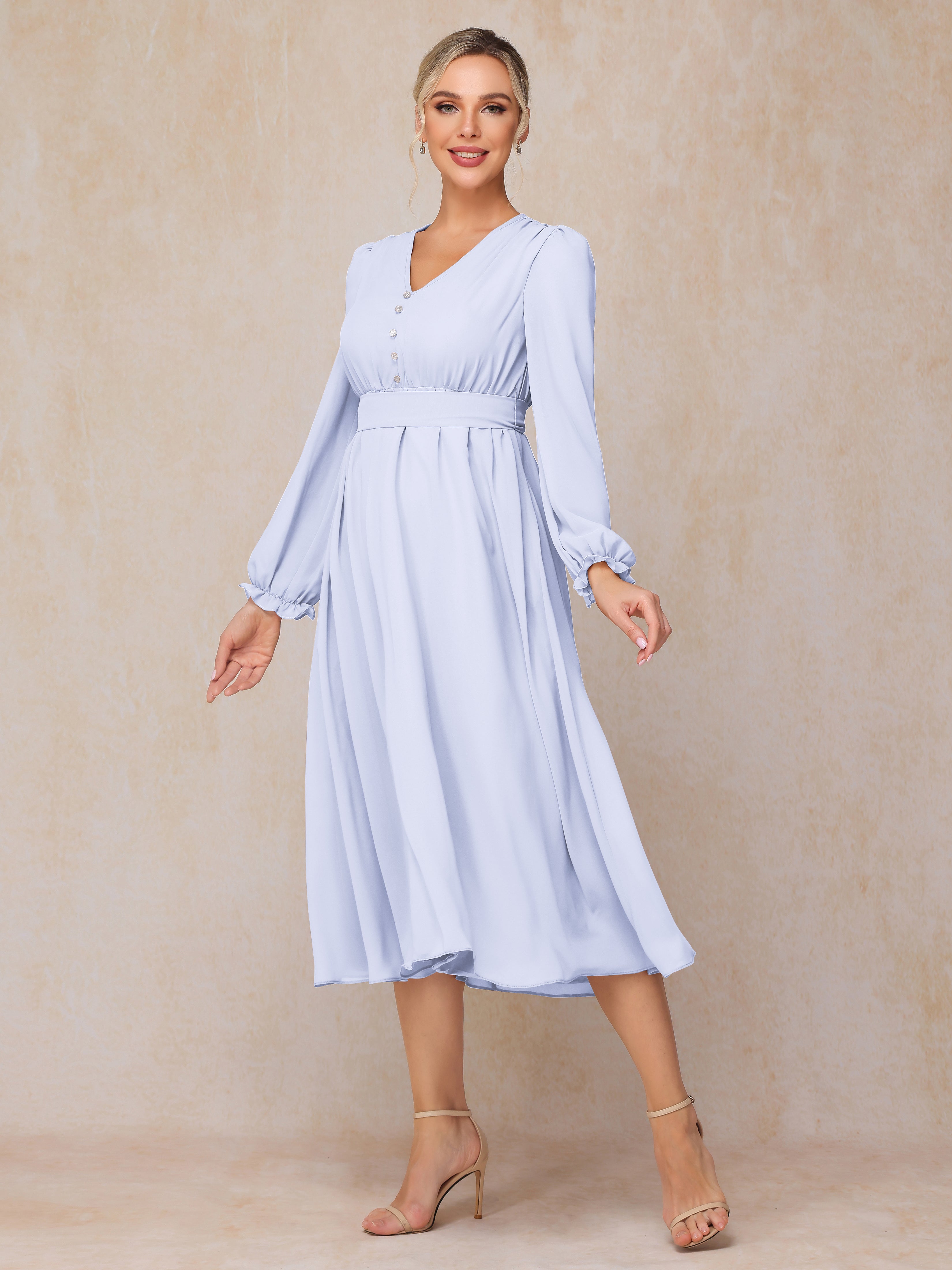 V Neck Long Sleeves Tea Length Chiffon Mother Of The Groom Dress