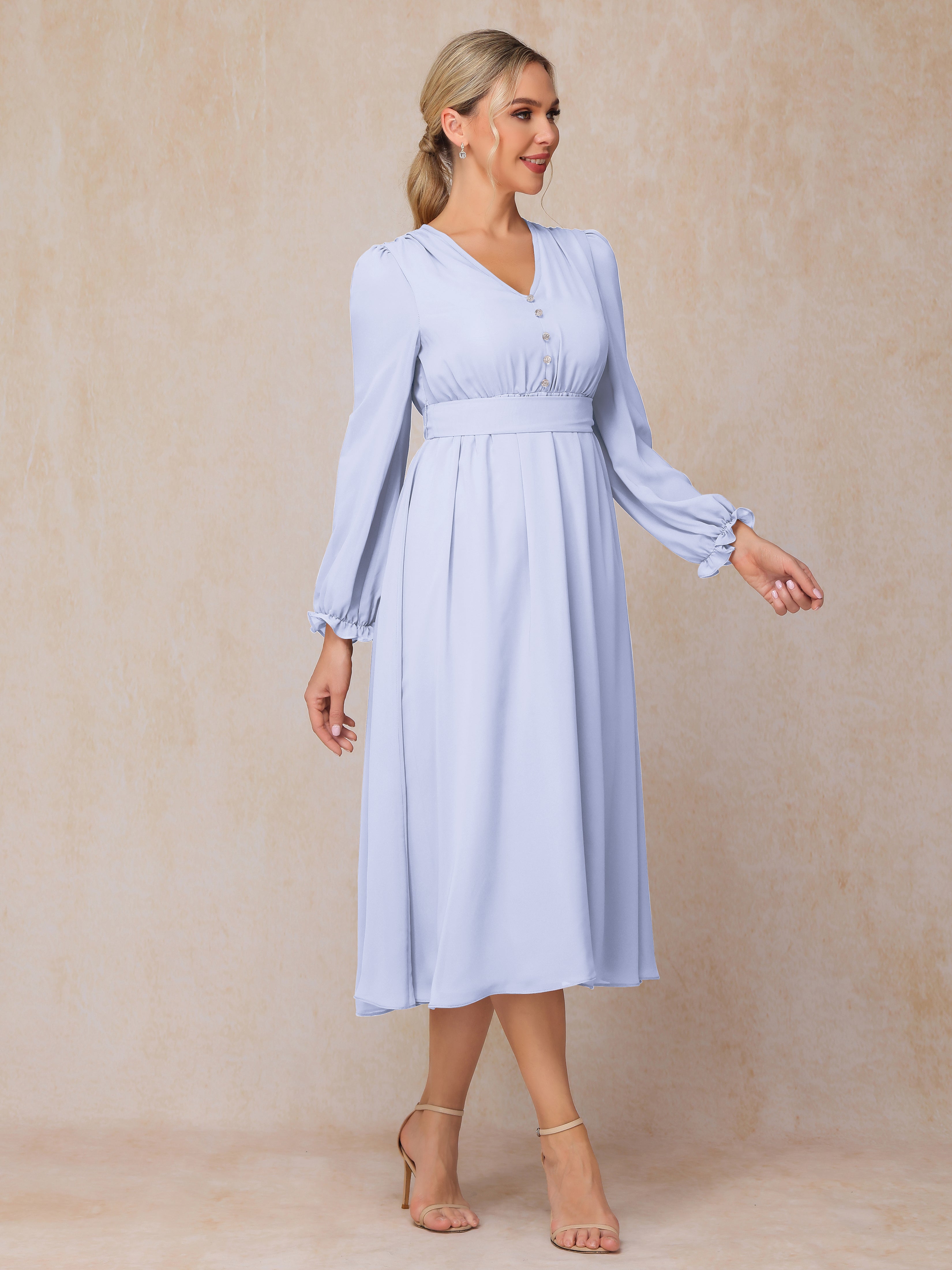 V Neck Long Sleeves Tea Length Chiffon Mother Of The Groom Dress