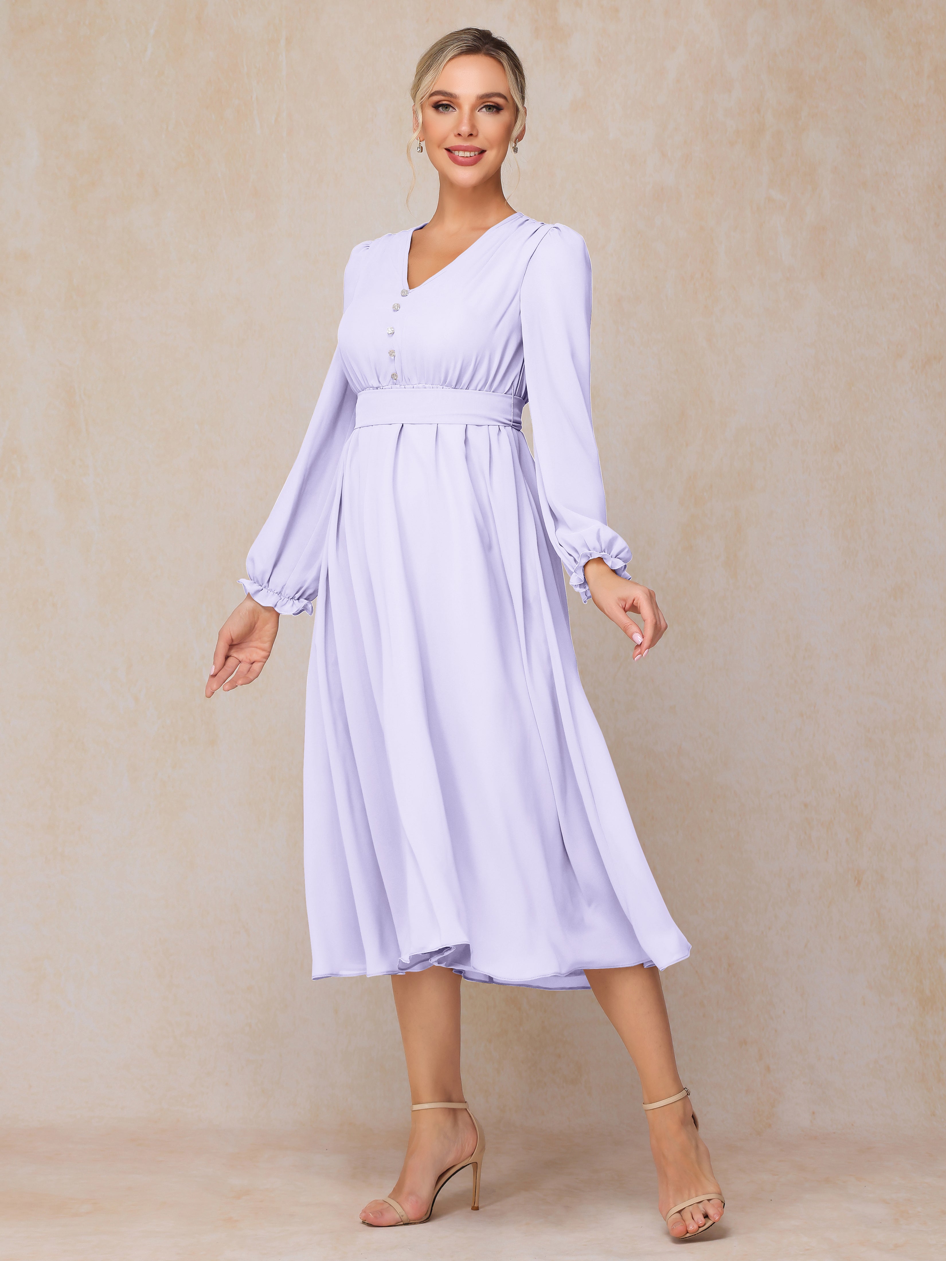V Neck Long Sleeves Tea Length Chiffon Mother Of The Groom Dress