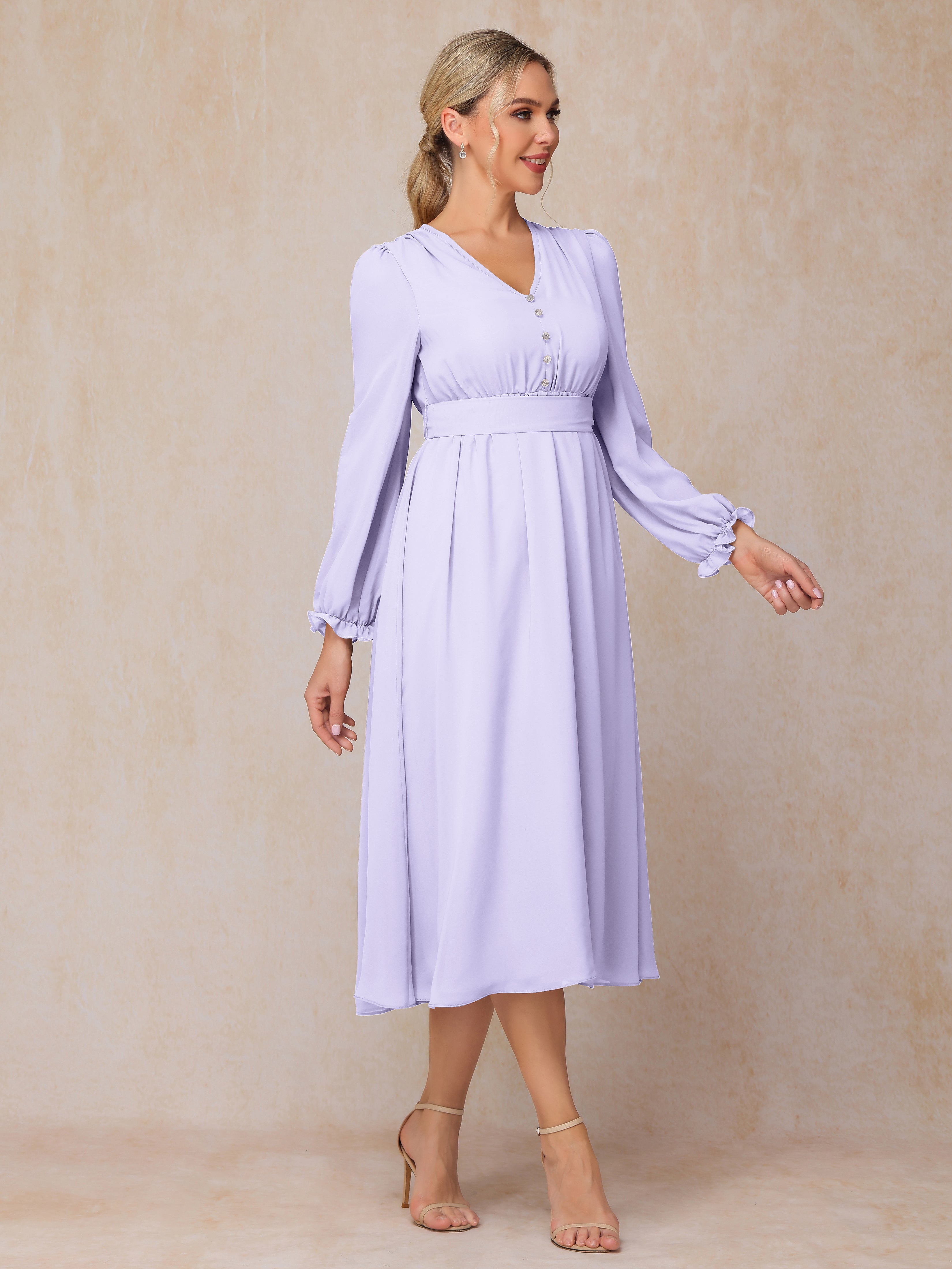 Long Sleeves V-neck Tea Length Chiffon Wedding Guest Dresses