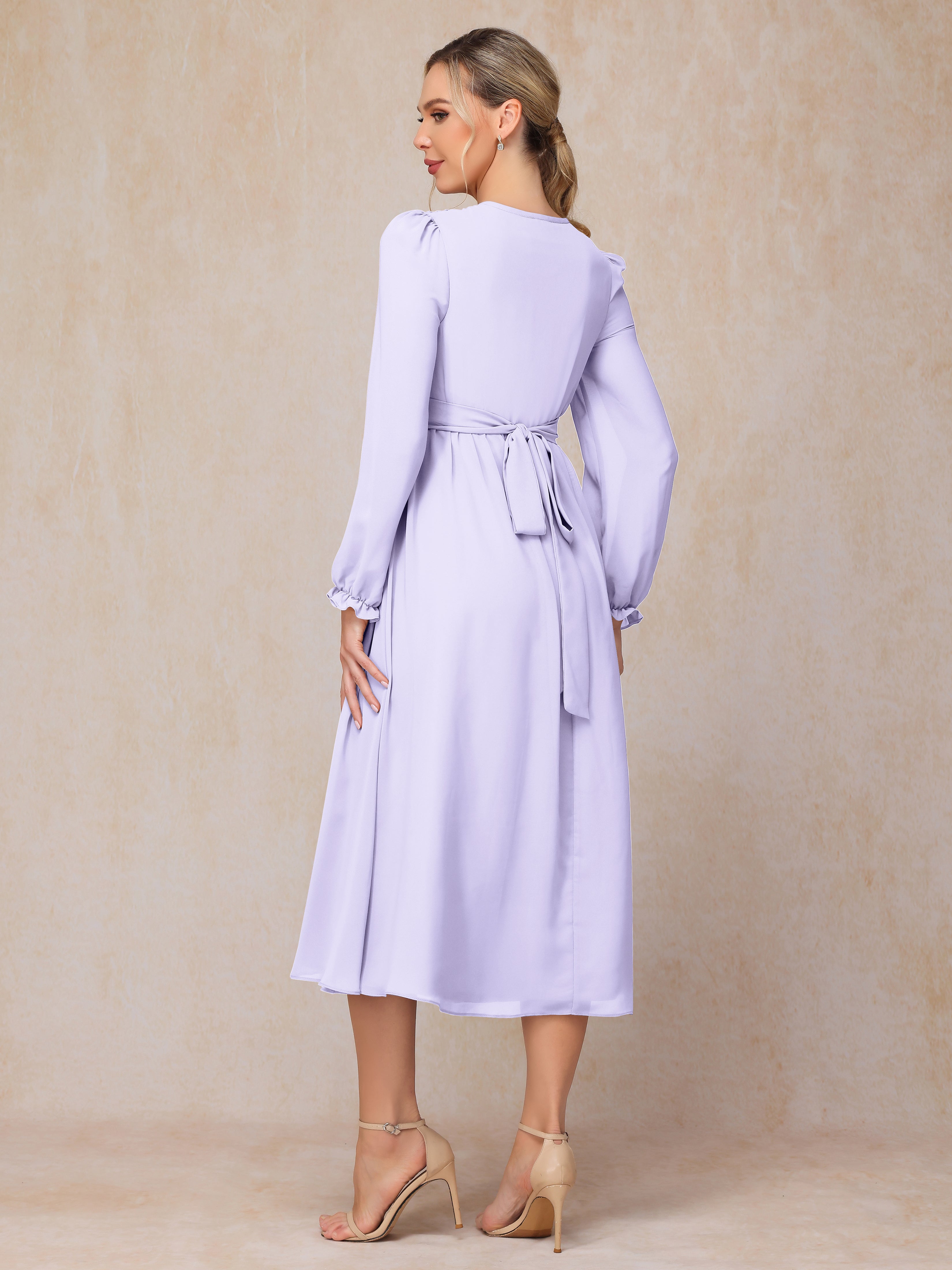 V Neck Long Sleeves Tea Length Chiffon Mother Of The Groom Dress
