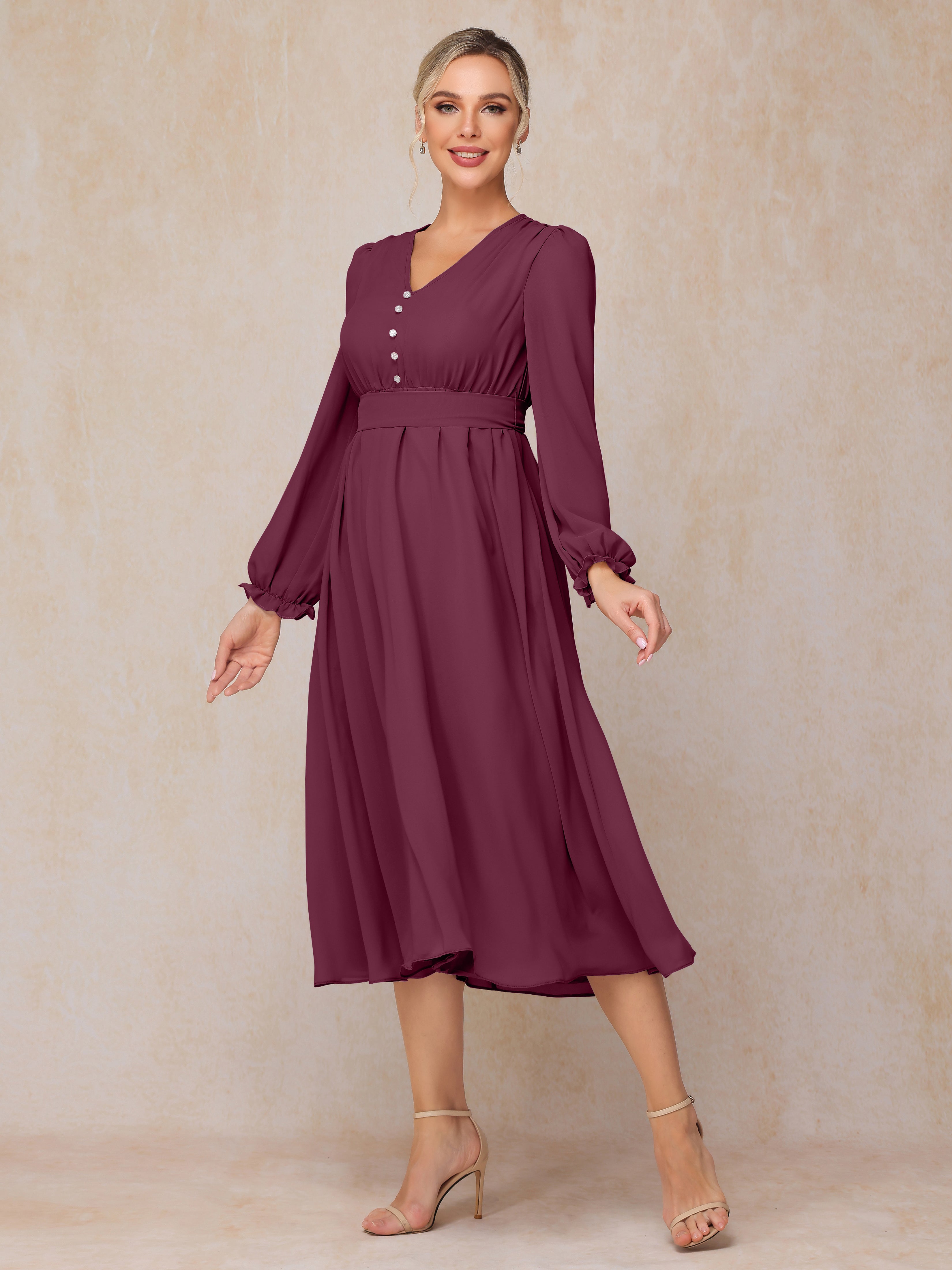 V Neck Long Sleeves Tea Length Chiffon Mother Of The Groom Dress