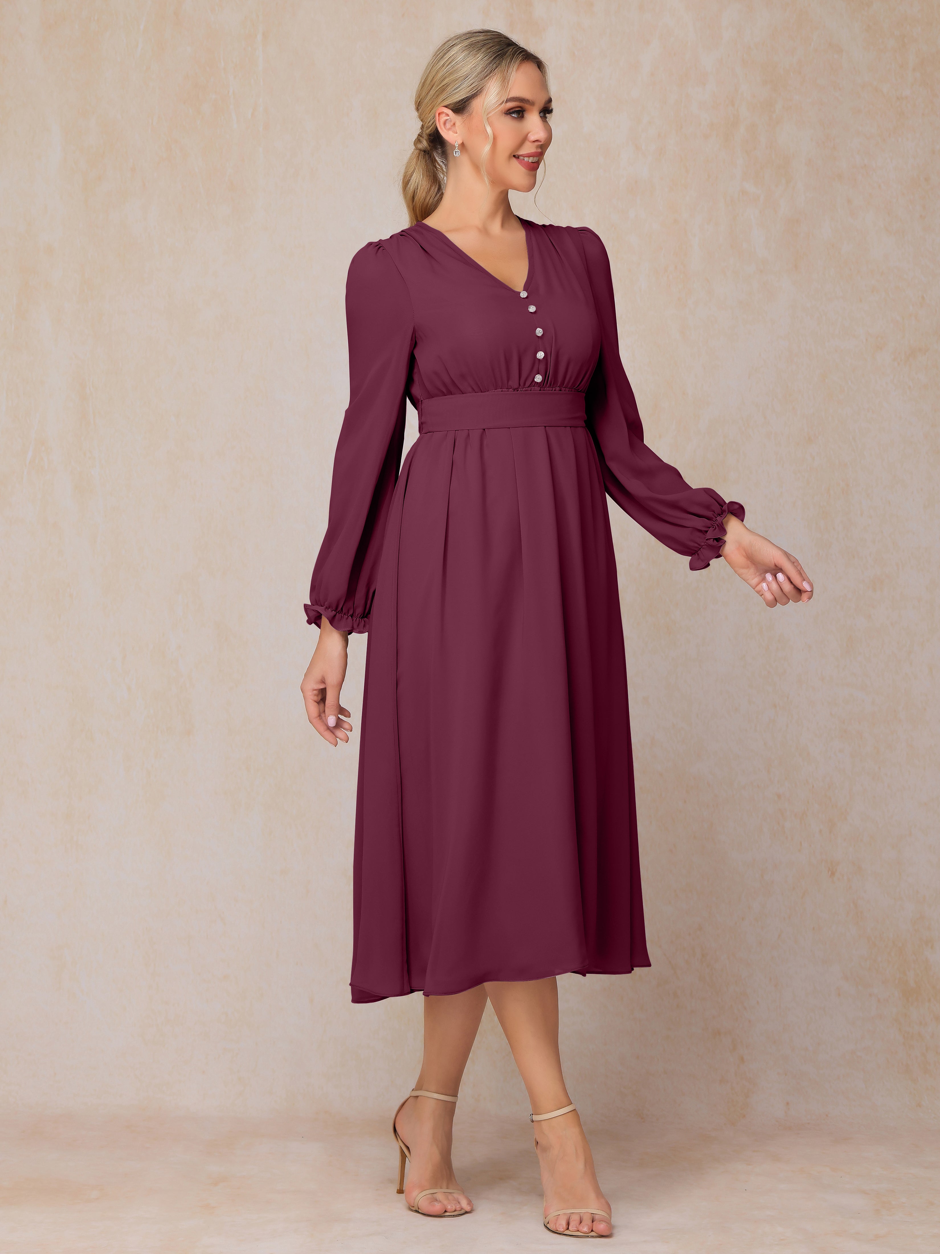 V Neck Long Sleeves Tea Length Chiffon Mother Of The Groom Dress