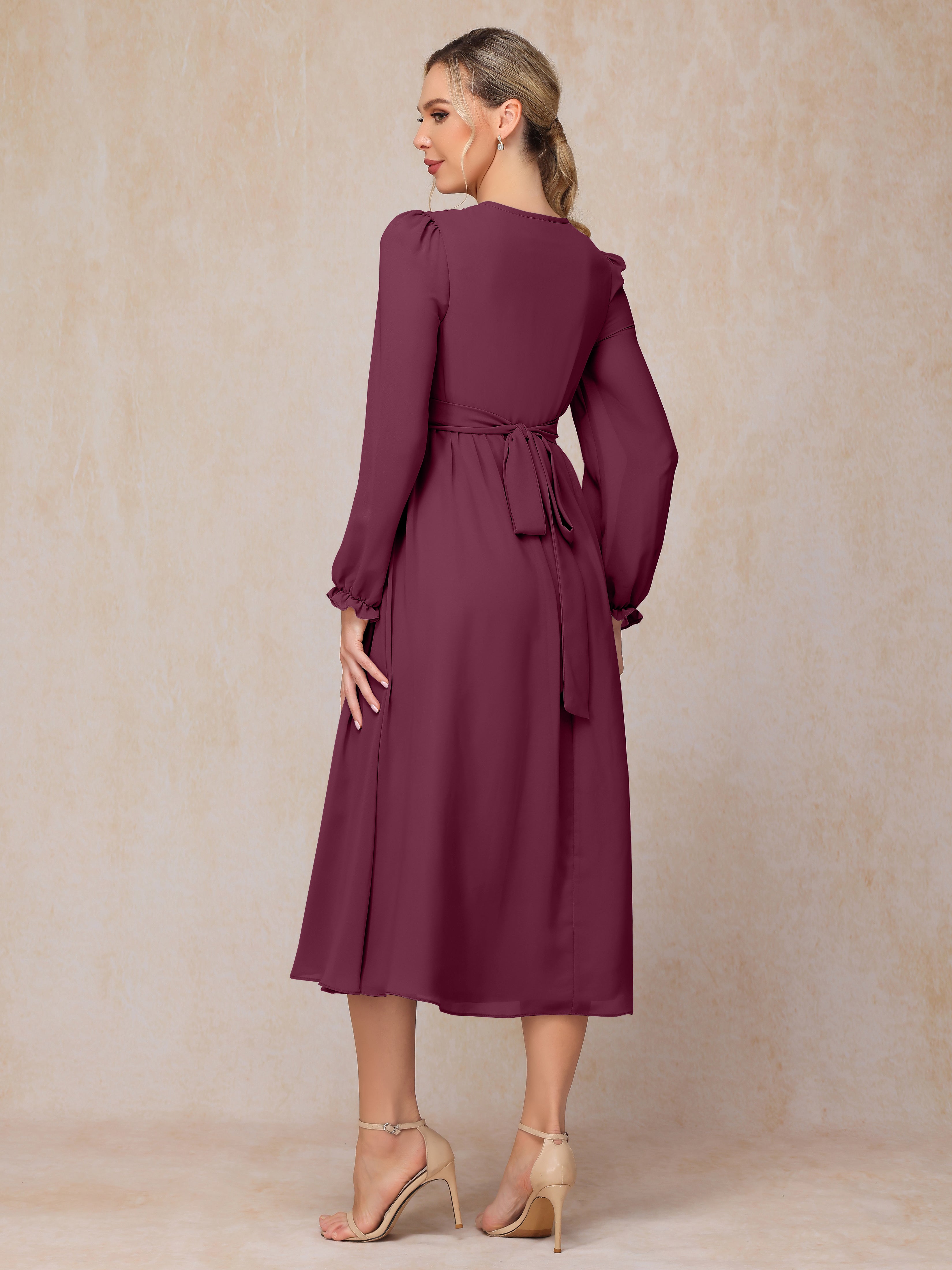 V Neck Long Sleeves Tea Length Chiffon Mother Of The Groom Dress