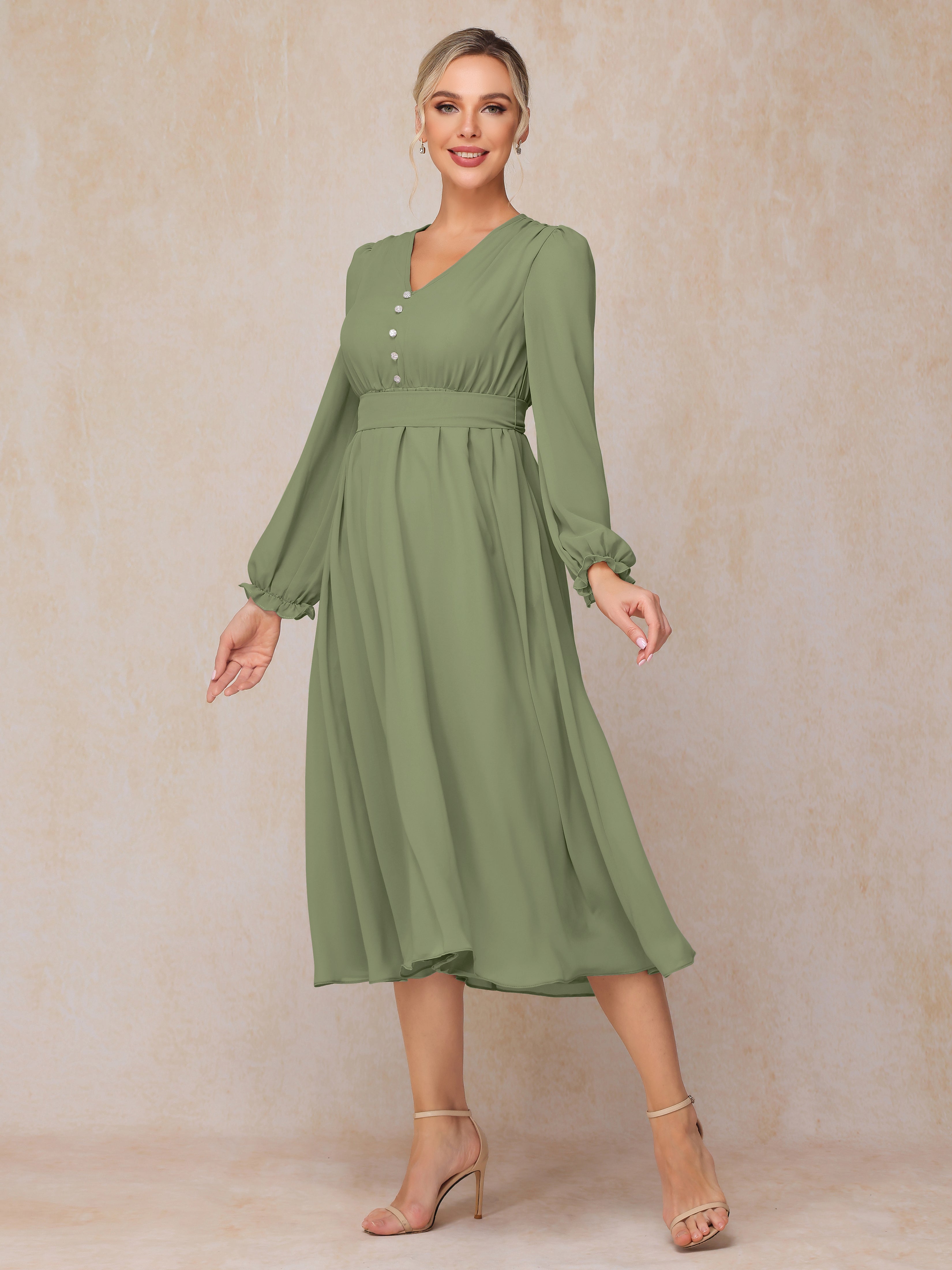 V Neck Long Sleeves Tea Length Chiffon Mother Of The Groom Dress