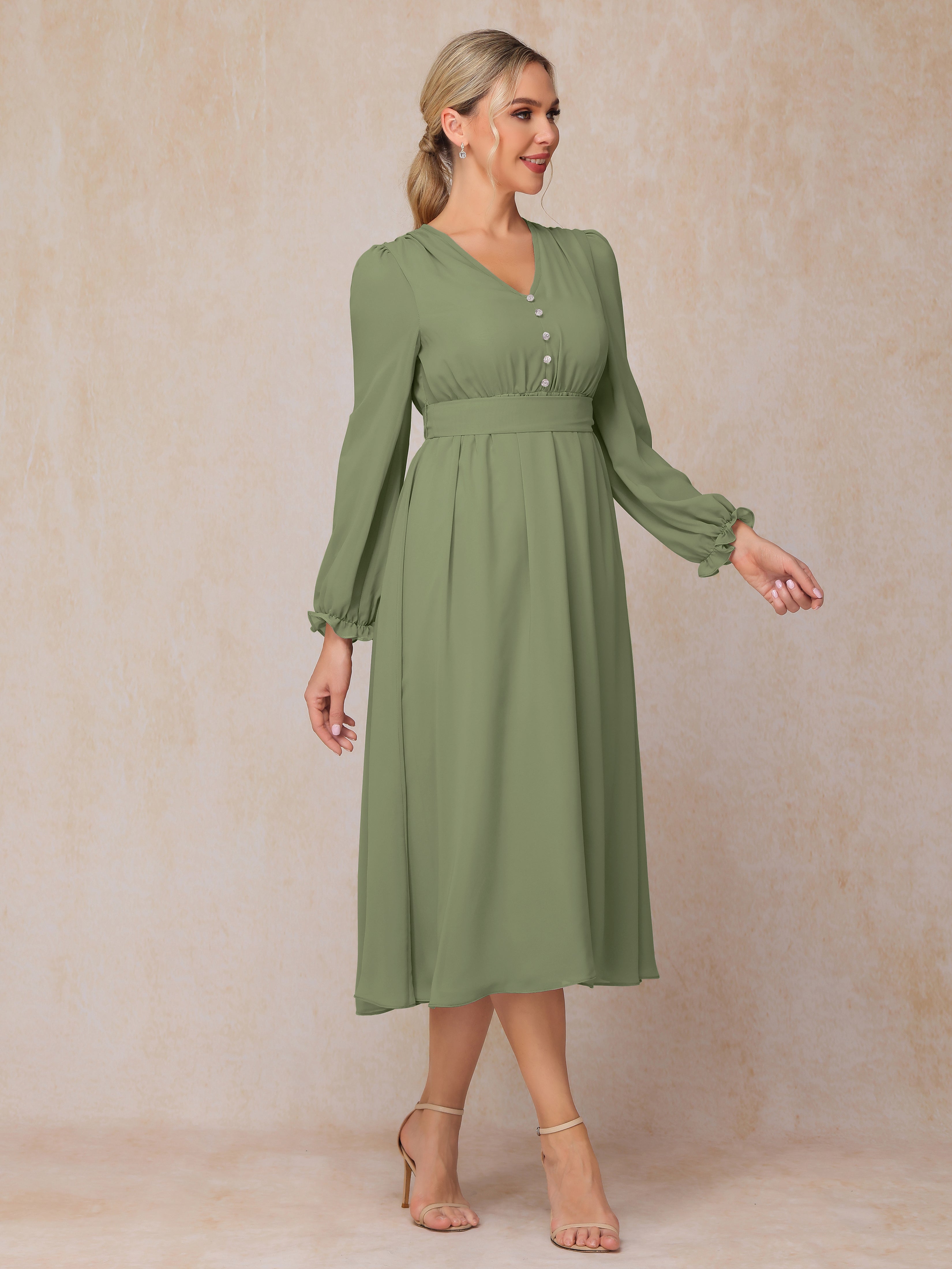V Neck Long Sleeves Tea Length Chiffon Mother Of The Groom Dress