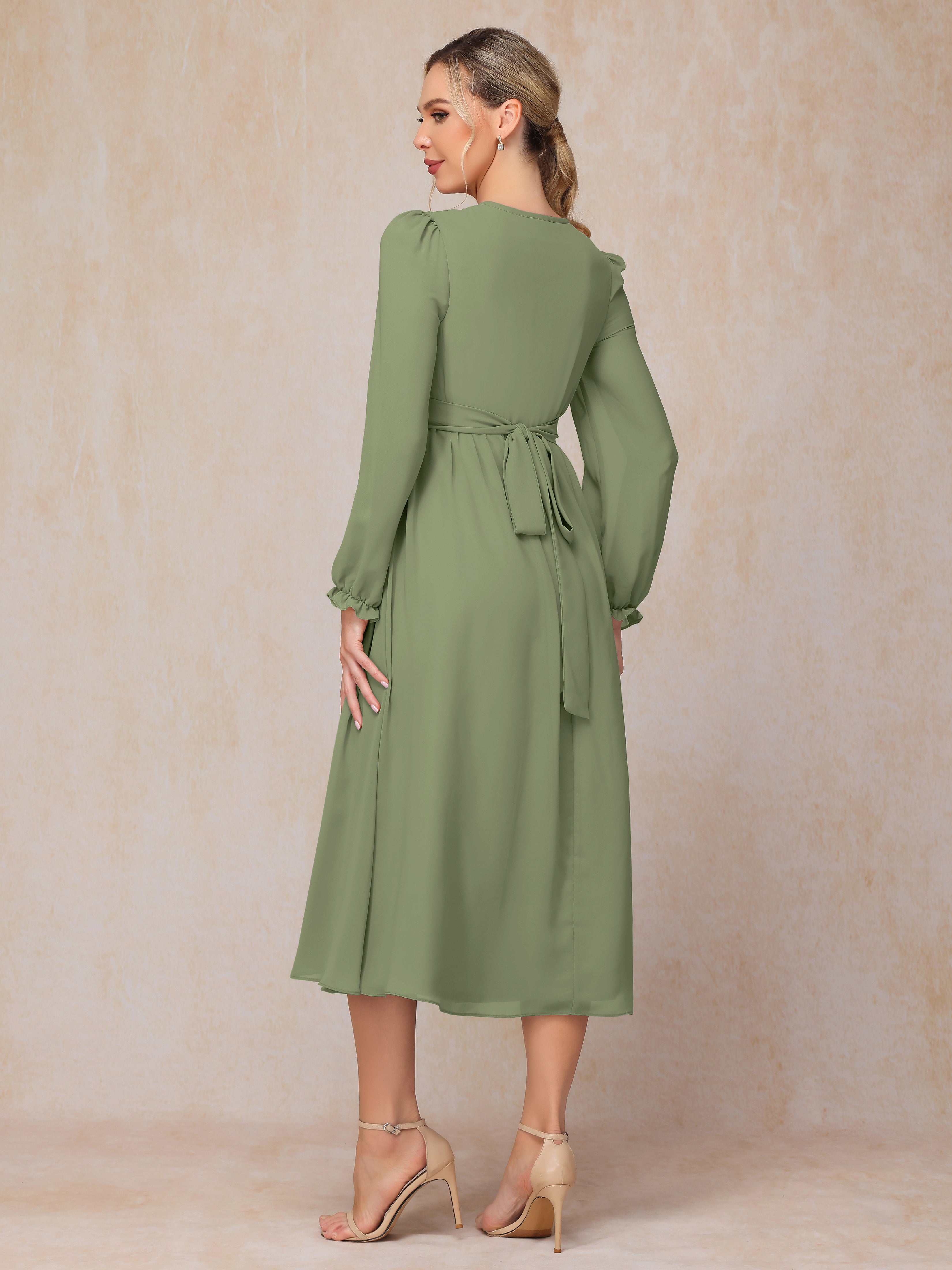 V Neck Long Sleeves Tea Length Chiffon Mother Of The Groom Dress