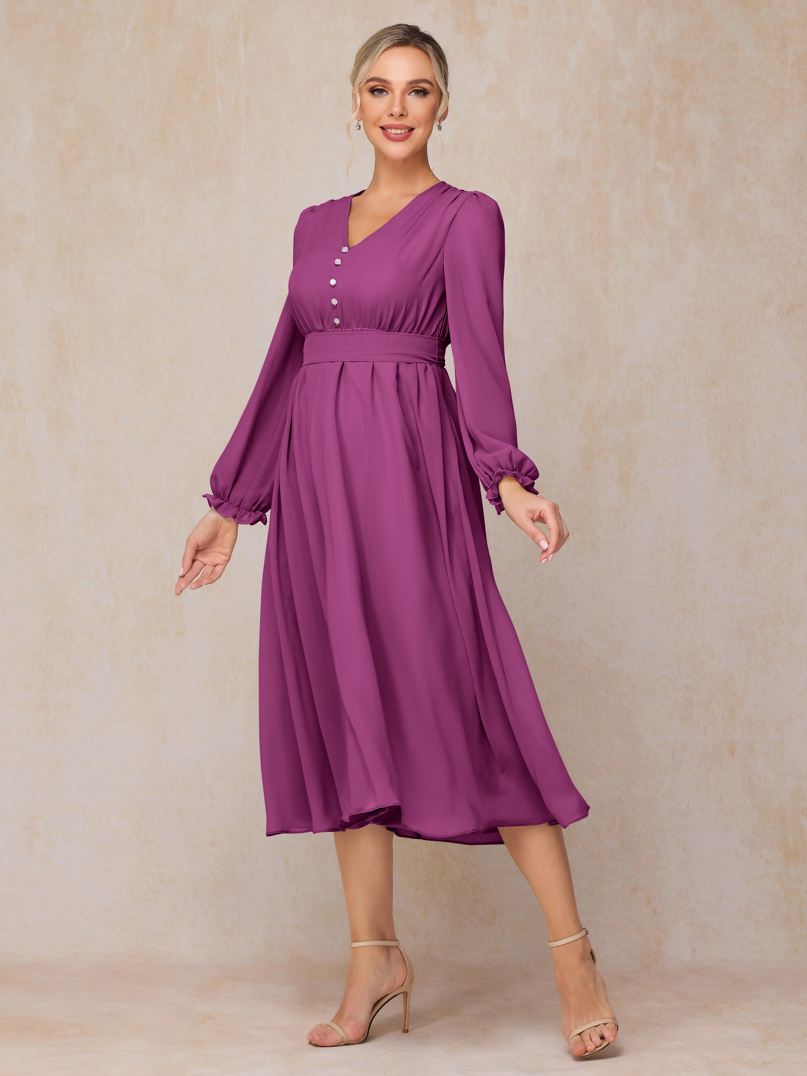 V Neck Long Sleeves Tea Length Chiffon Mother Of The Groom Dress
