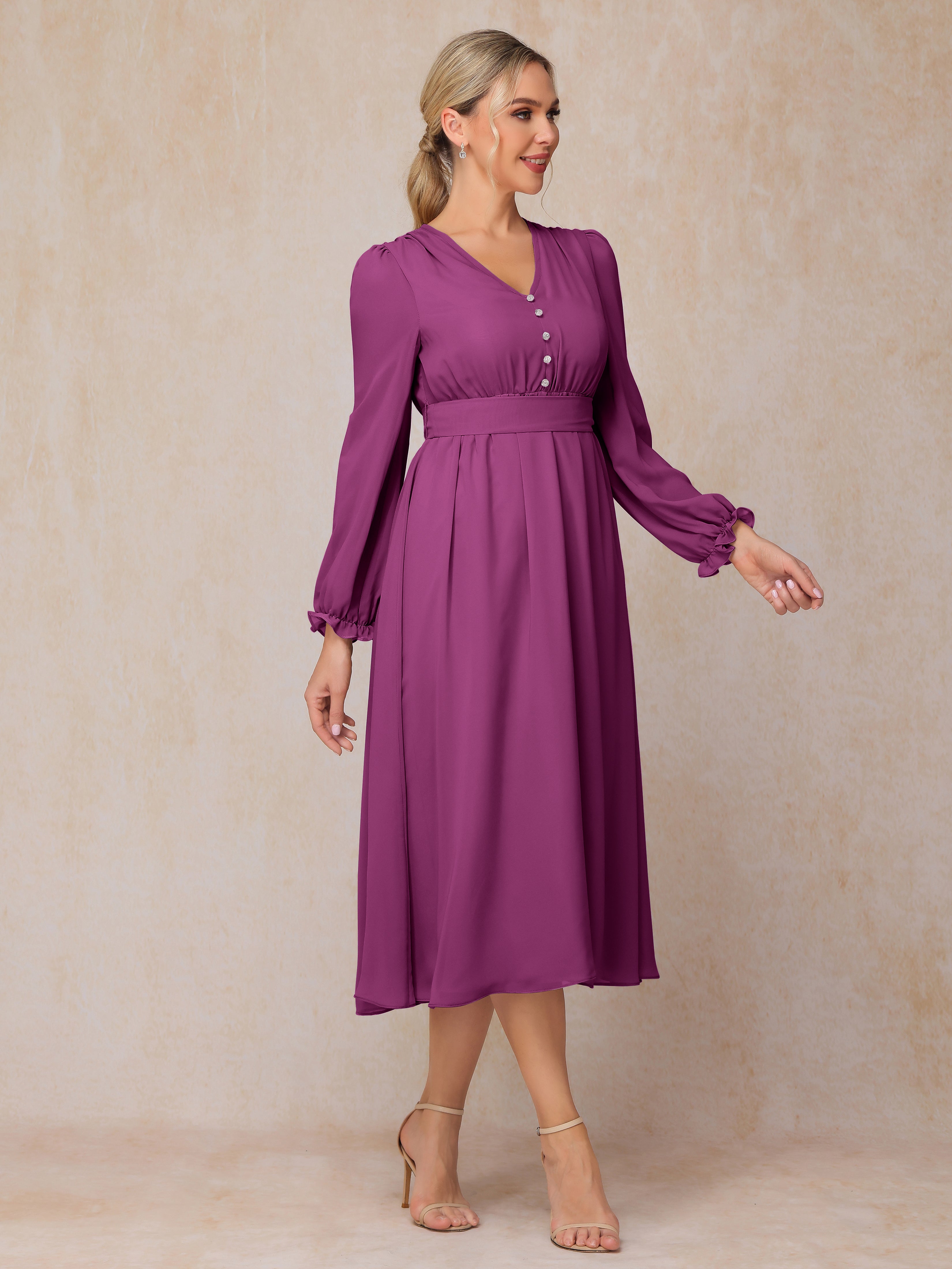 V Neck Long Sleeves Tea Length Chiffon Mother Of The Groom Dress