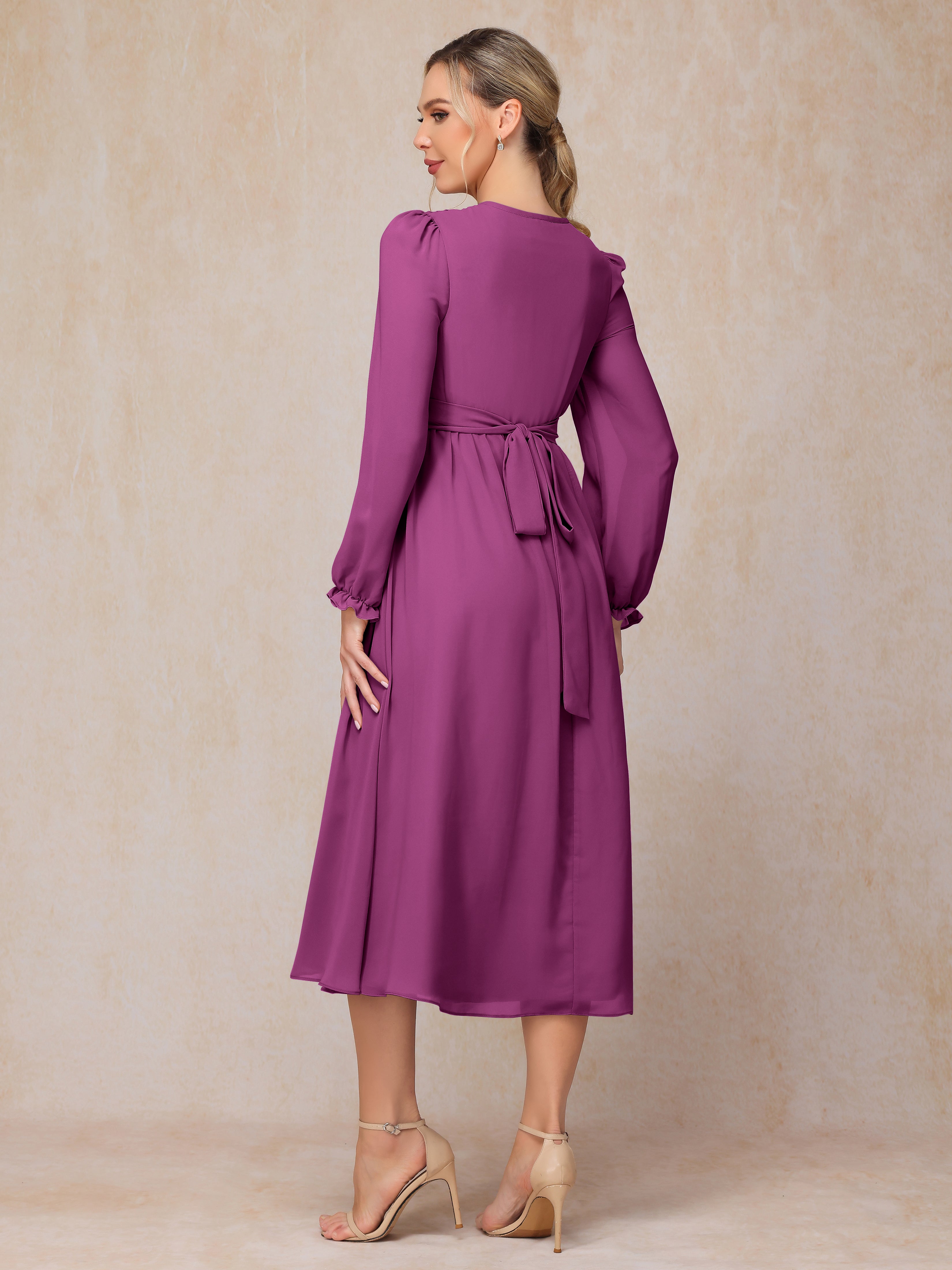 V Neck Long Sleeves Tea Length Chiffon Mother Of The Groom Dress