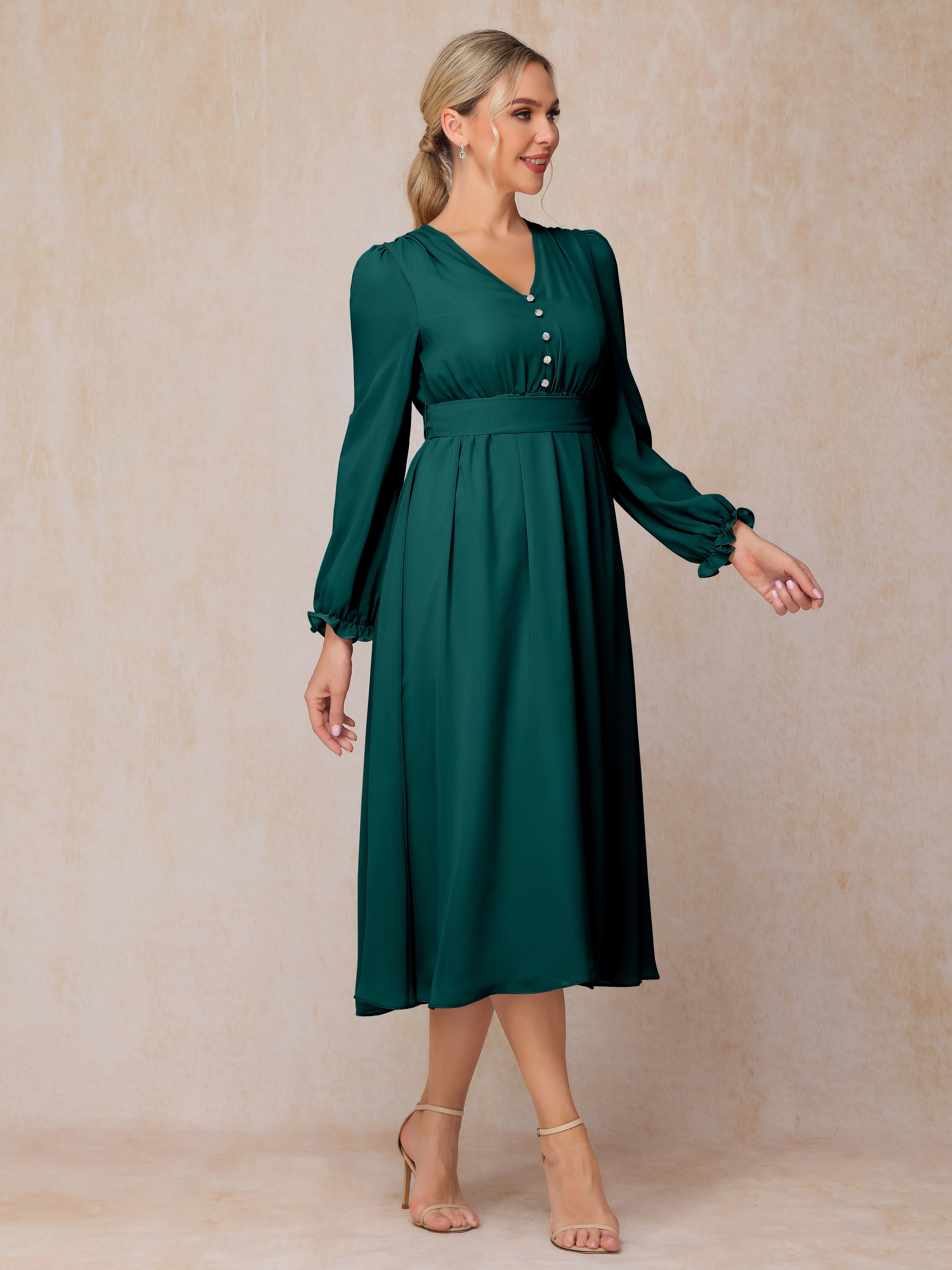 V Neck Long Sleeves Tea Length Chiffon Mother Of The Groom Dress