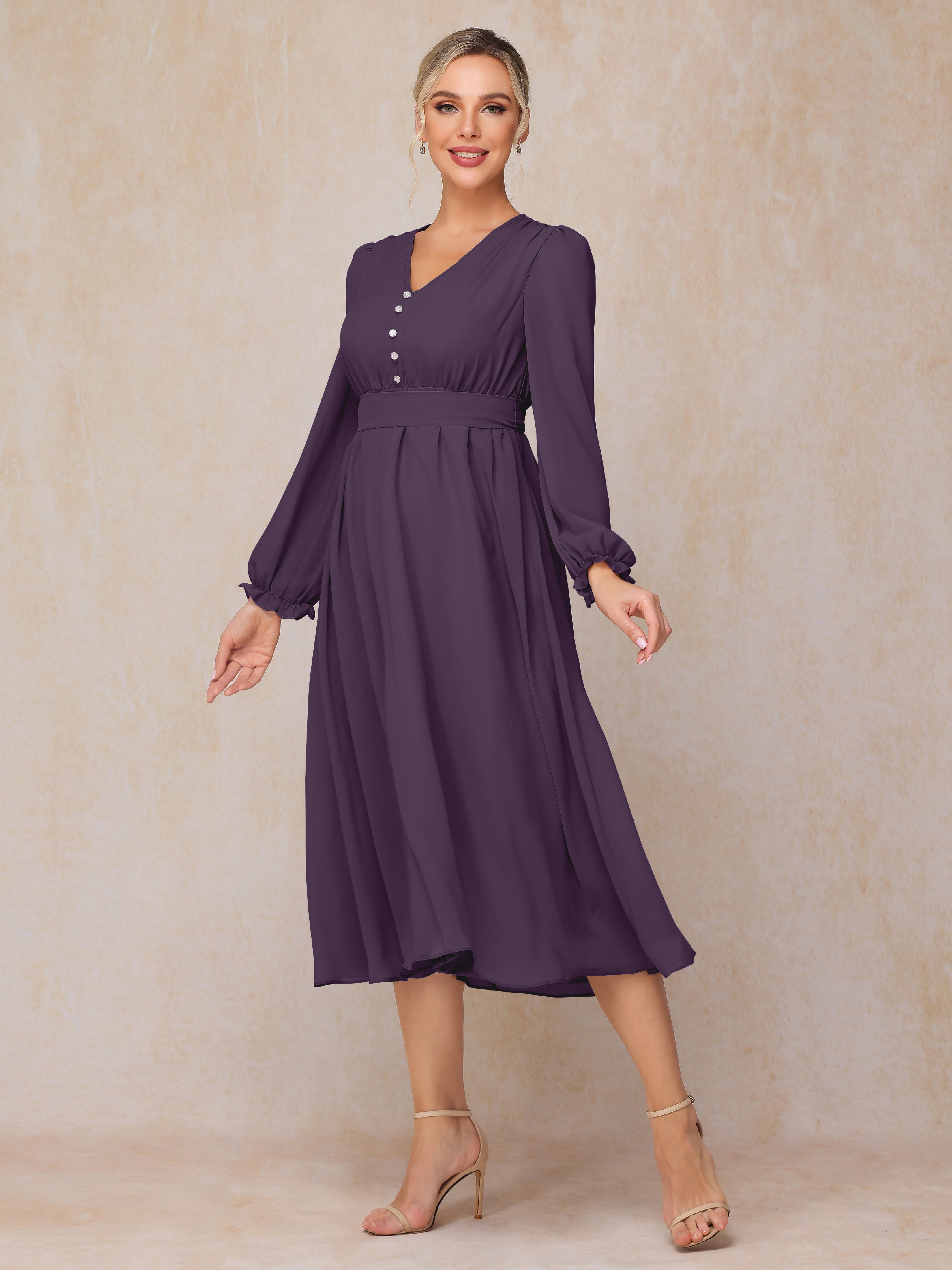 V Neck Long Sleeves Tea Length Chiffon Mother Of The Groom Dress