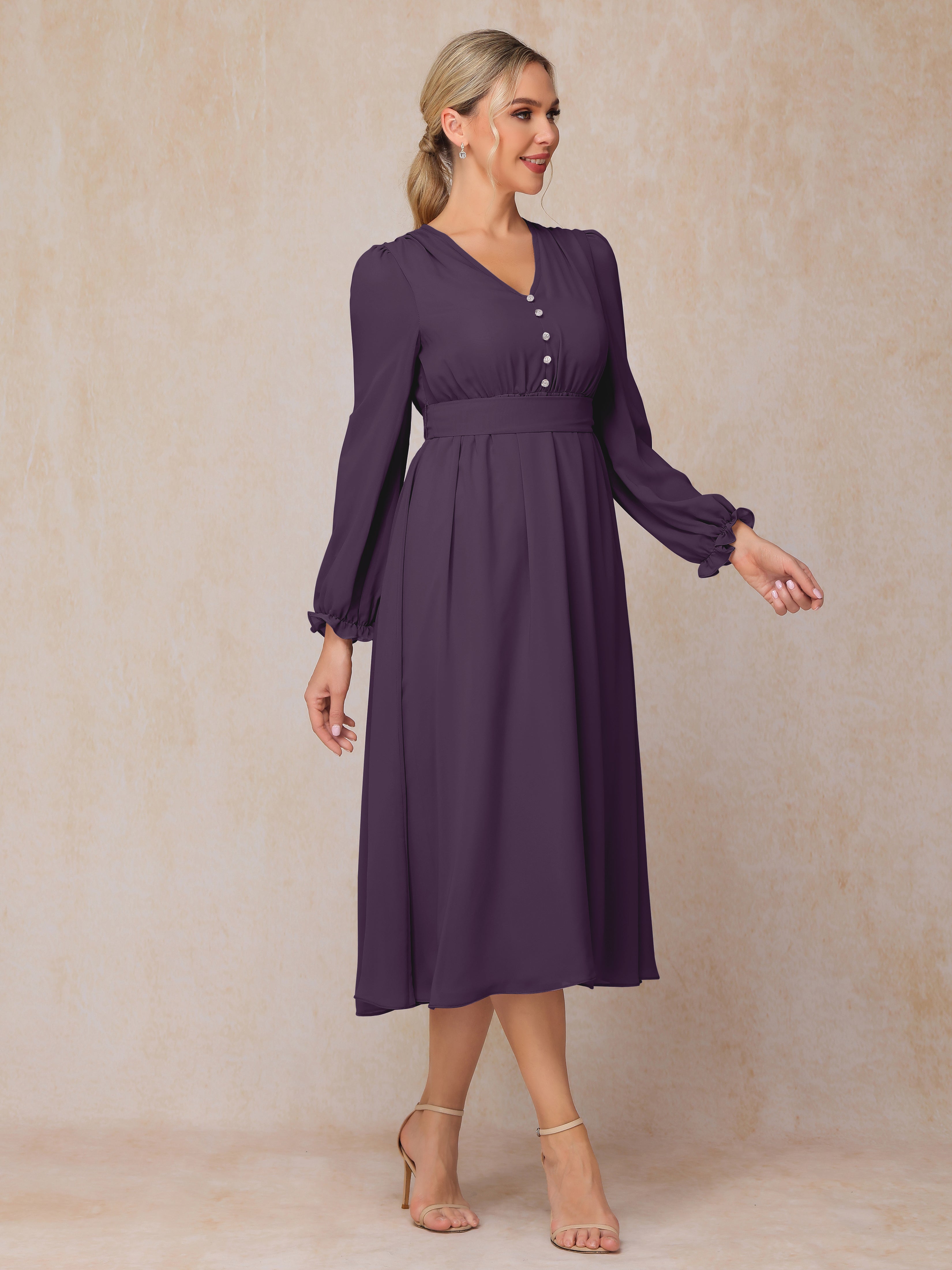 V Neck Long Sleeves Tea Length Chiffon Mother Of The Groom Dress