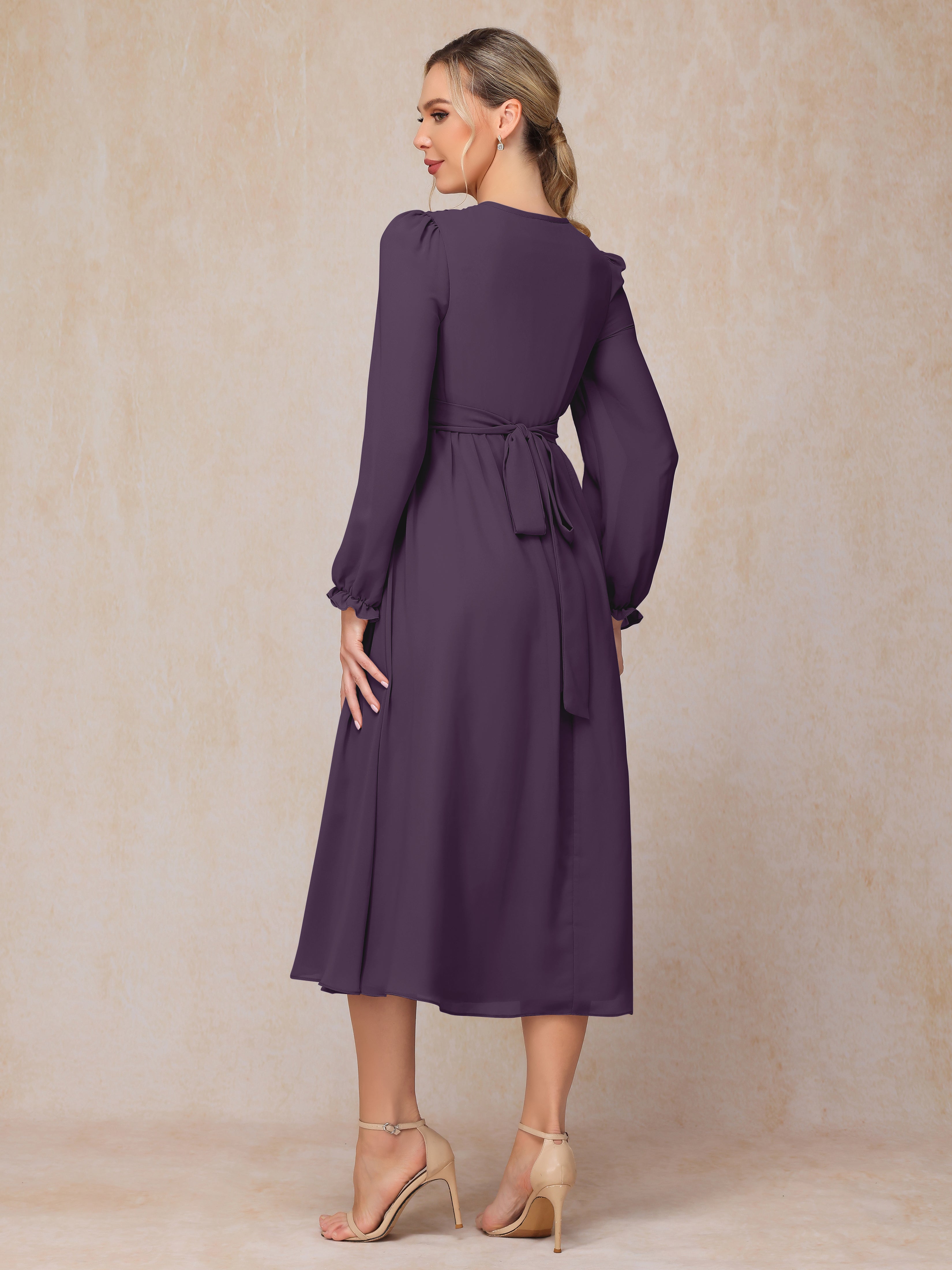 V Neck Long Sleeves Tea Length Chiffon Mother Of The Groom Dress