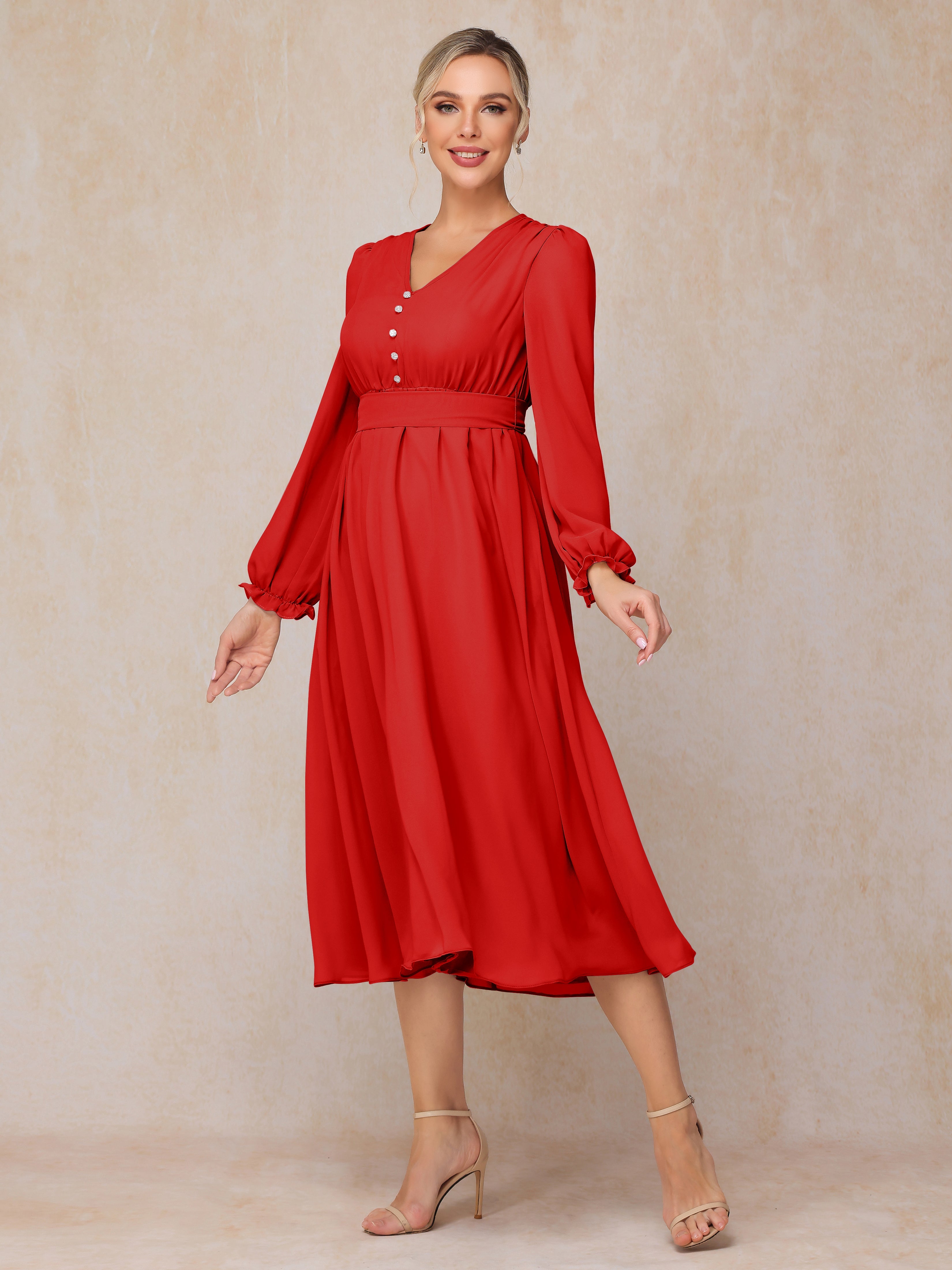 V Neck Long Sleeves Tea Length Chiffon Mother Of The Groom Dress