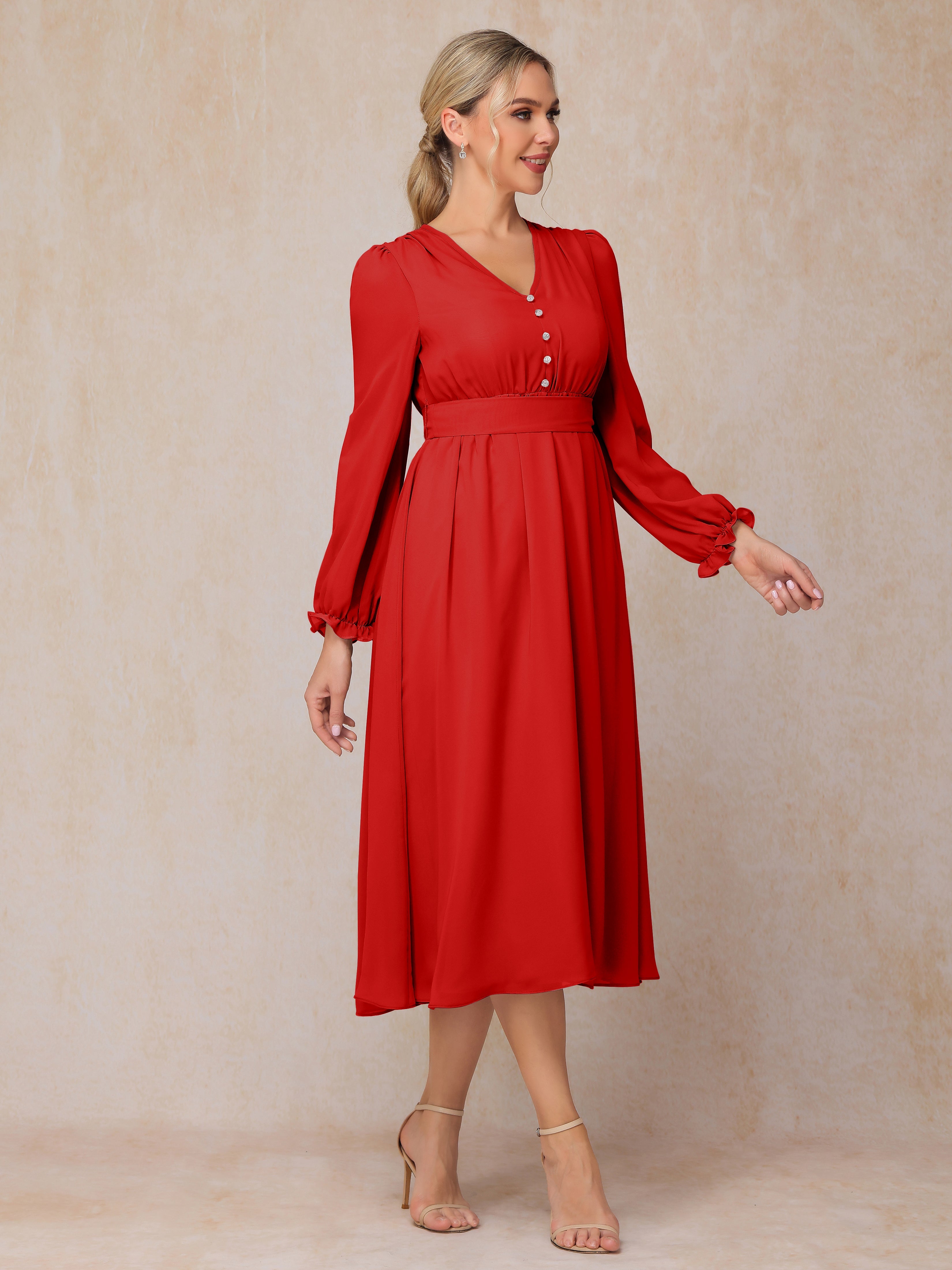 V Neck Long Sleeves Tea Length Chiffon Mother Of The Groom Dress