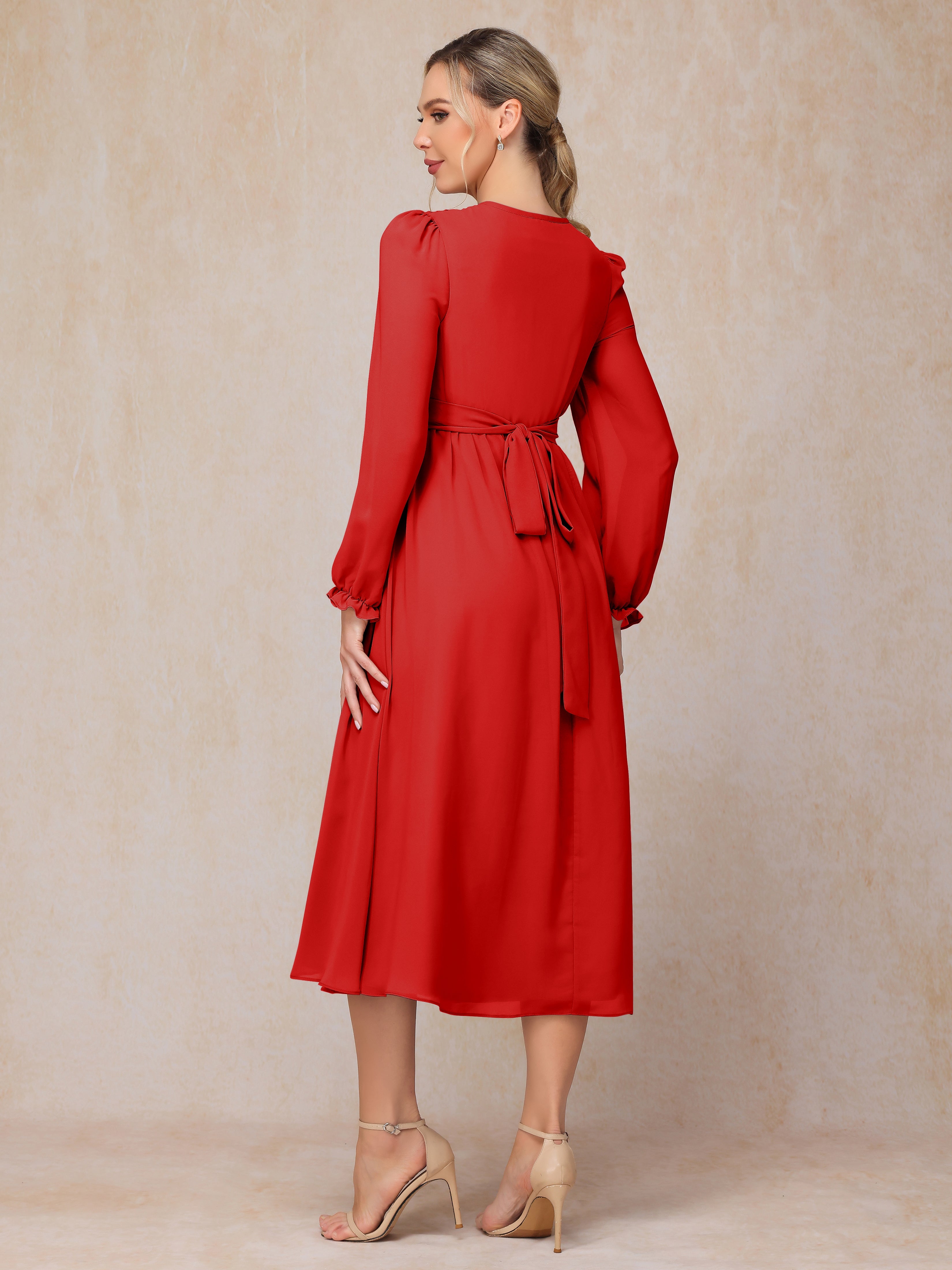 V Neck Long Sleeves Tea Length Chiffon Mother Of The Groom Dress