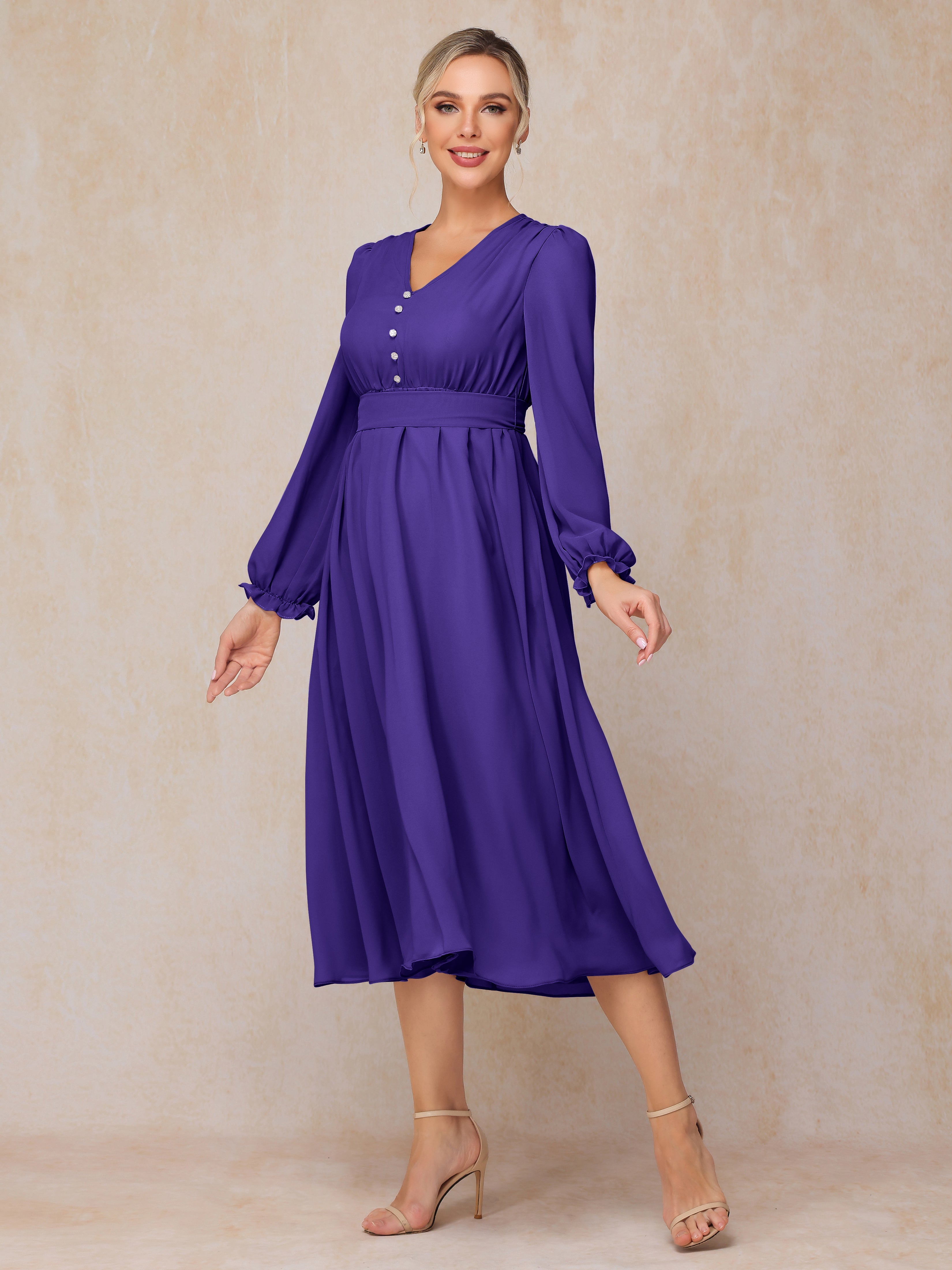 V Neck Long Sleeves Tea Length Chiffon Mother Of The Groom Dress