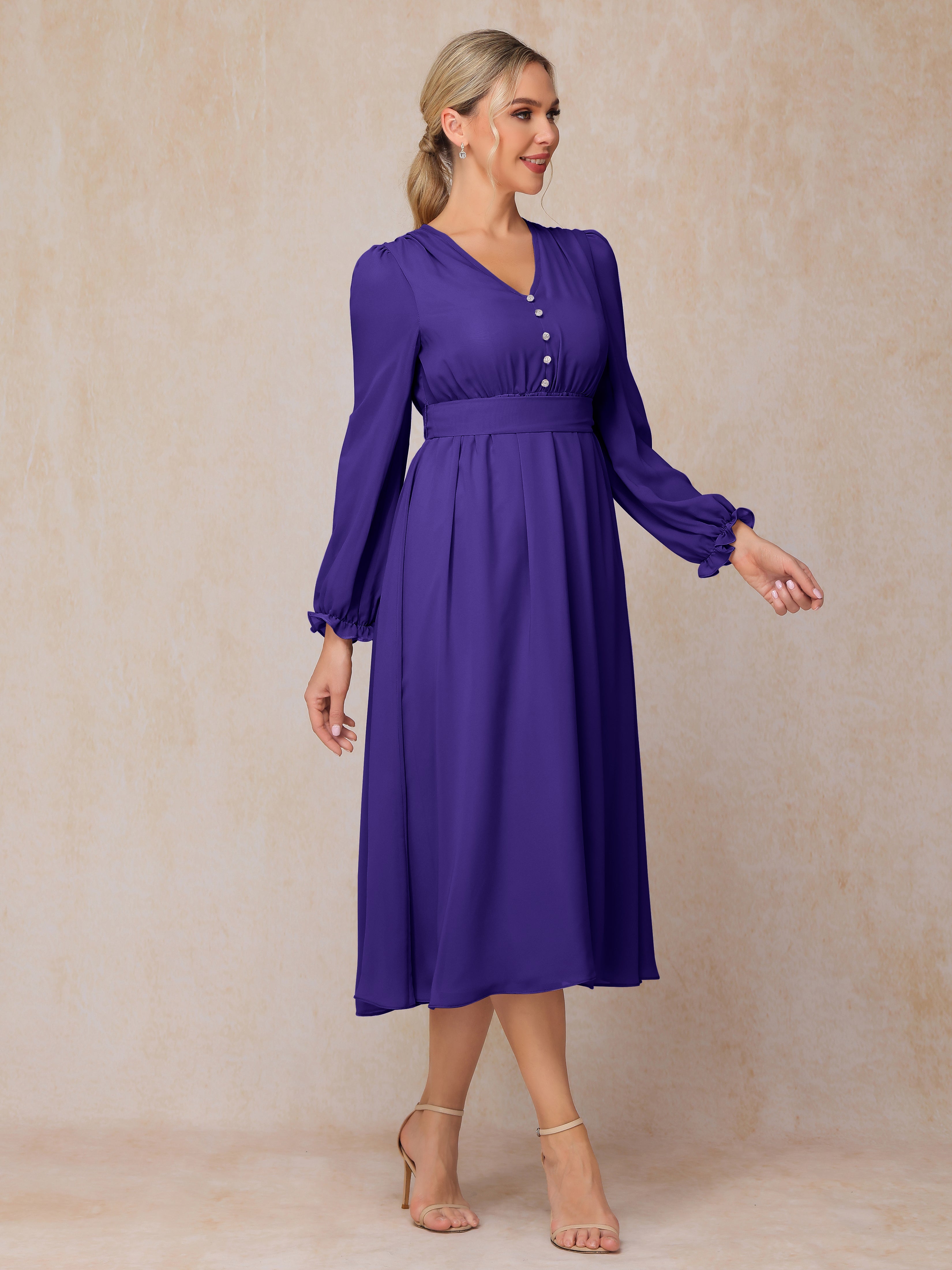 V Neck Long Sleeves Tea Length Chiffon Mother Of The Groom Dress