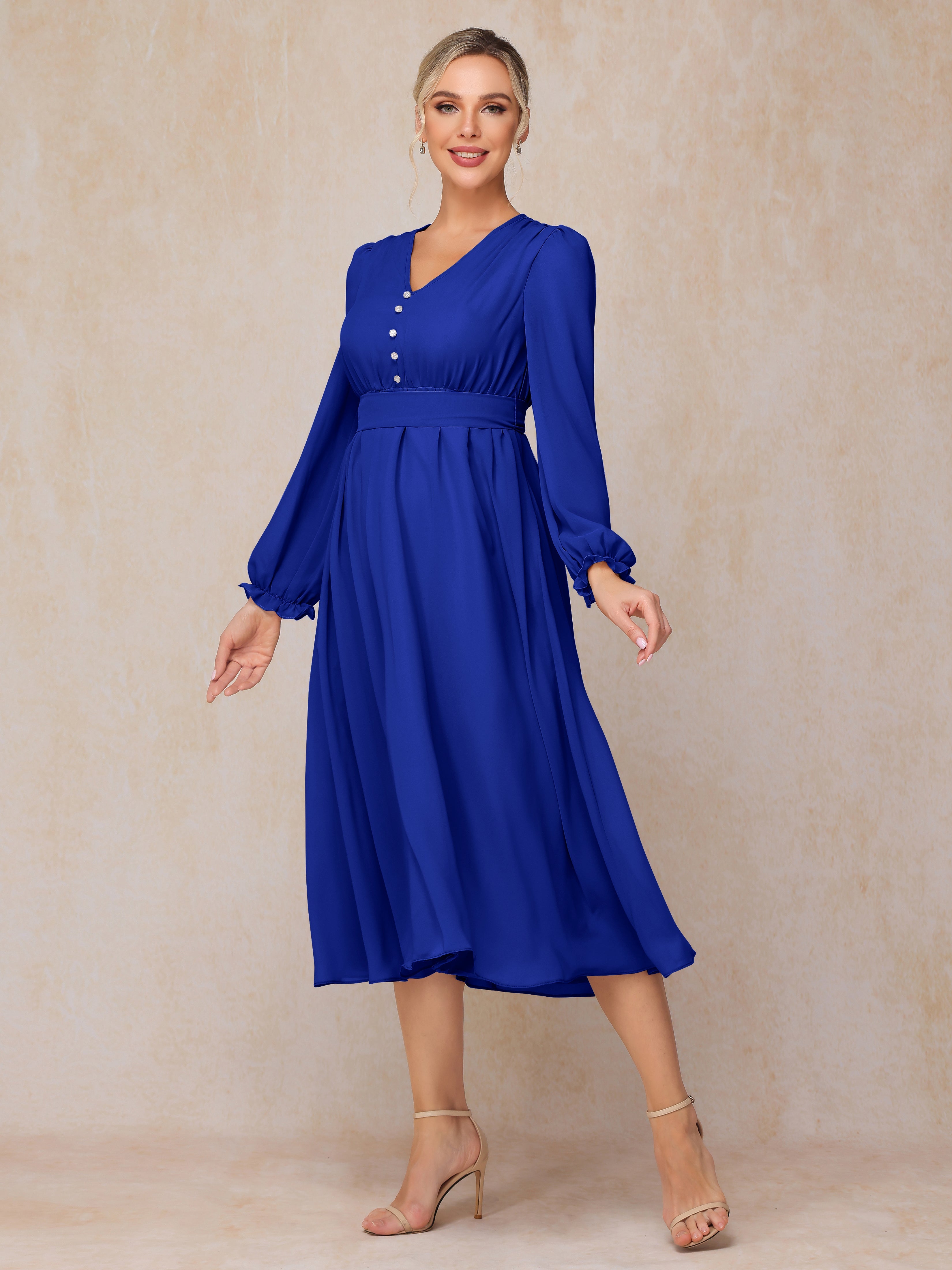 V Neck Long Sleeves Tea Length Chiffon Mother Of The Groom Dress