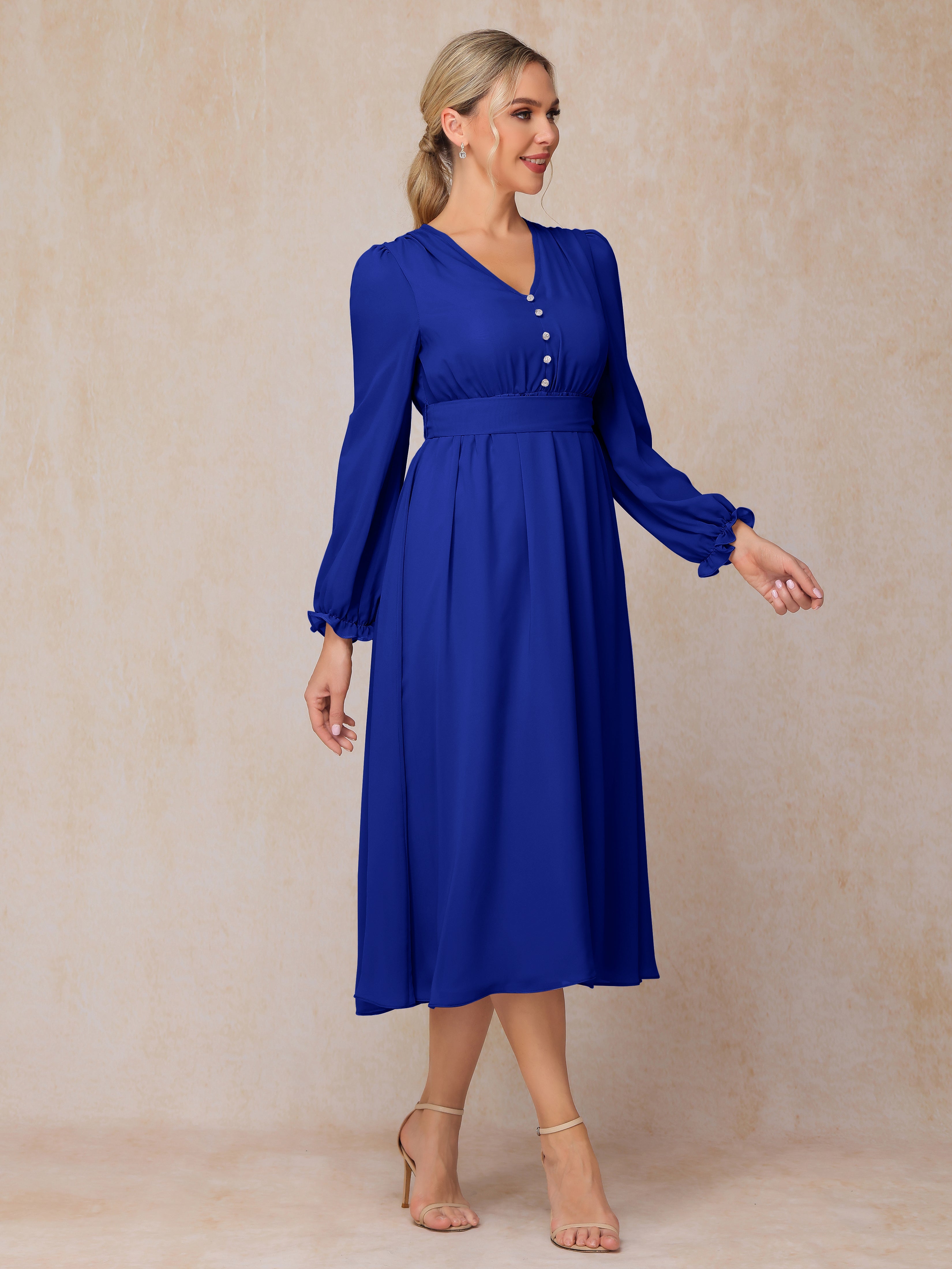 V Neck Long Sleeves Tea Length Chiffon Mother Of The Groom Dress