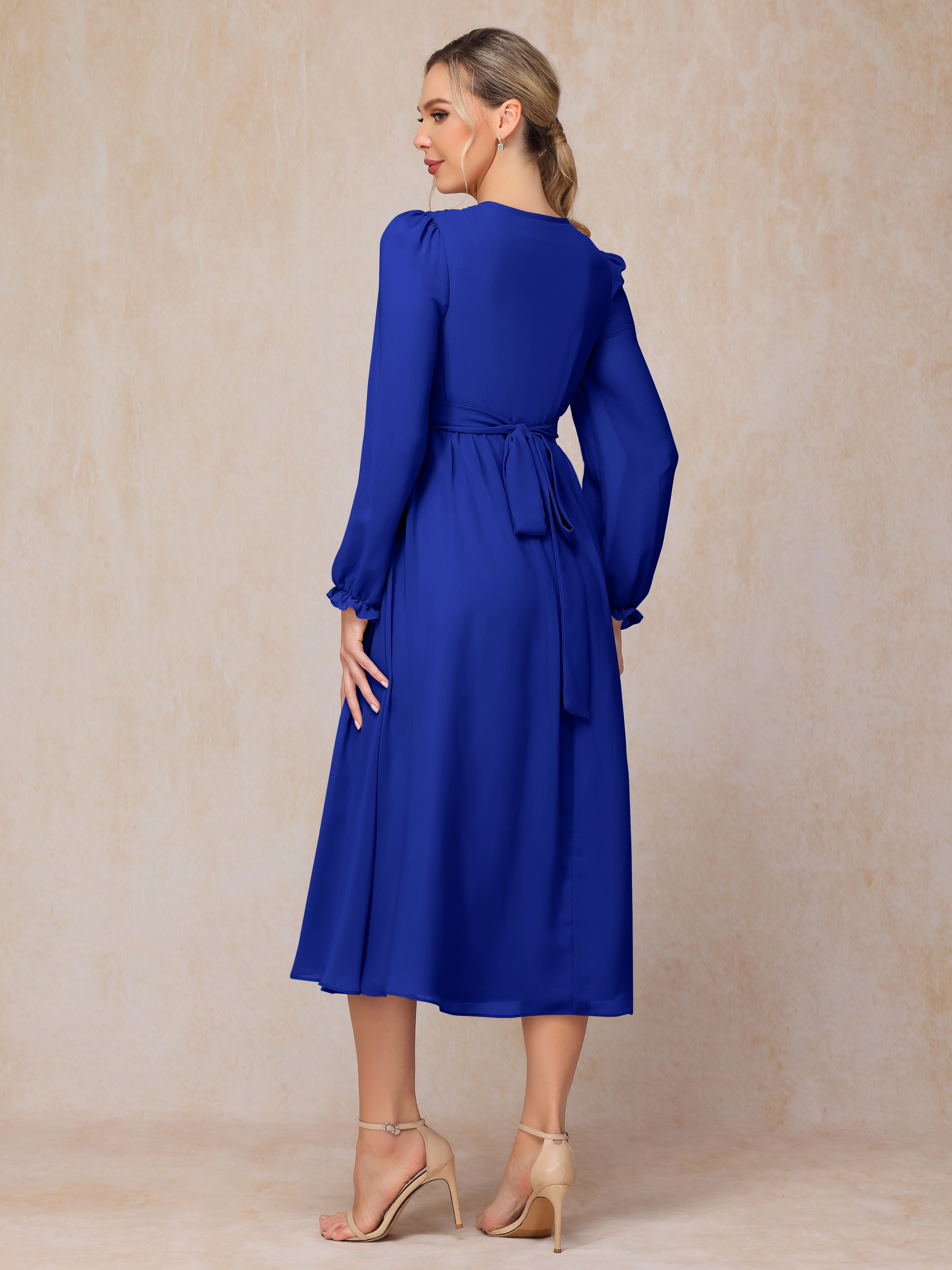 V Neck Long Sleeves Tea Length Chiffon Mother Of The Groom Dress