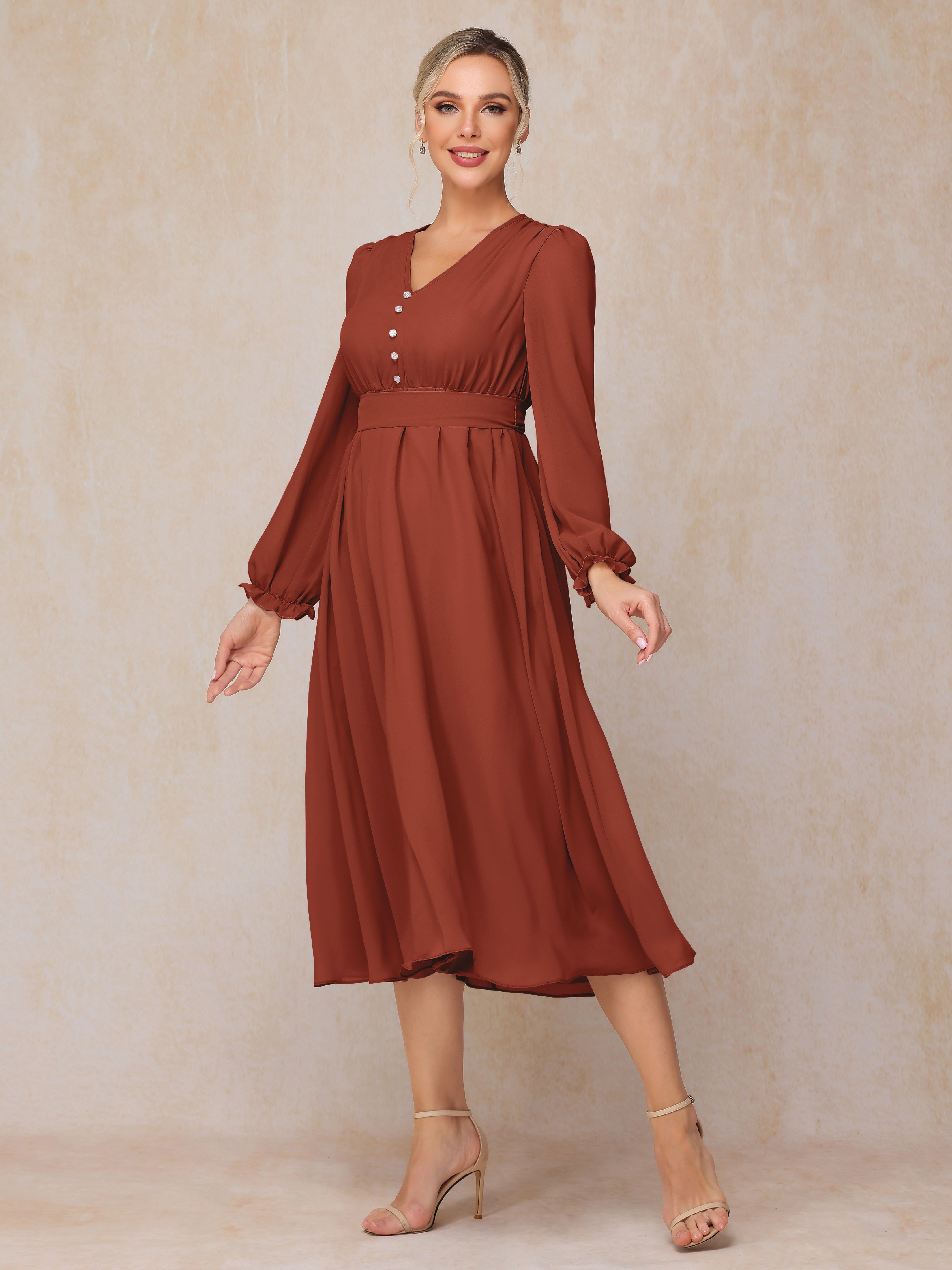 V Neck Long Sleeves Tea Length Chiffon Mother Of The Groom Dress