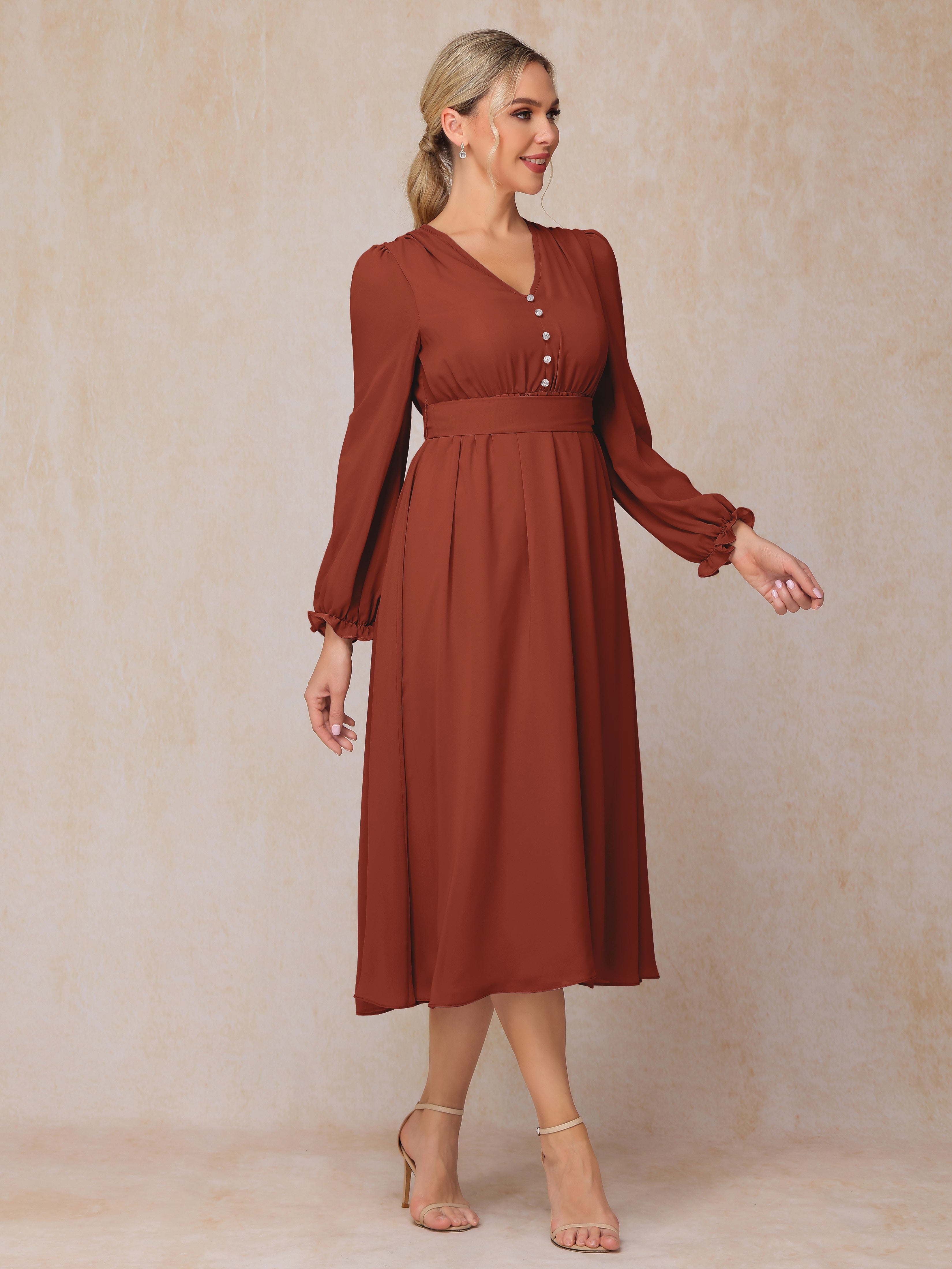V Neck Long Sleeves Tea Length Chiffon Mother Of The Groom Dress