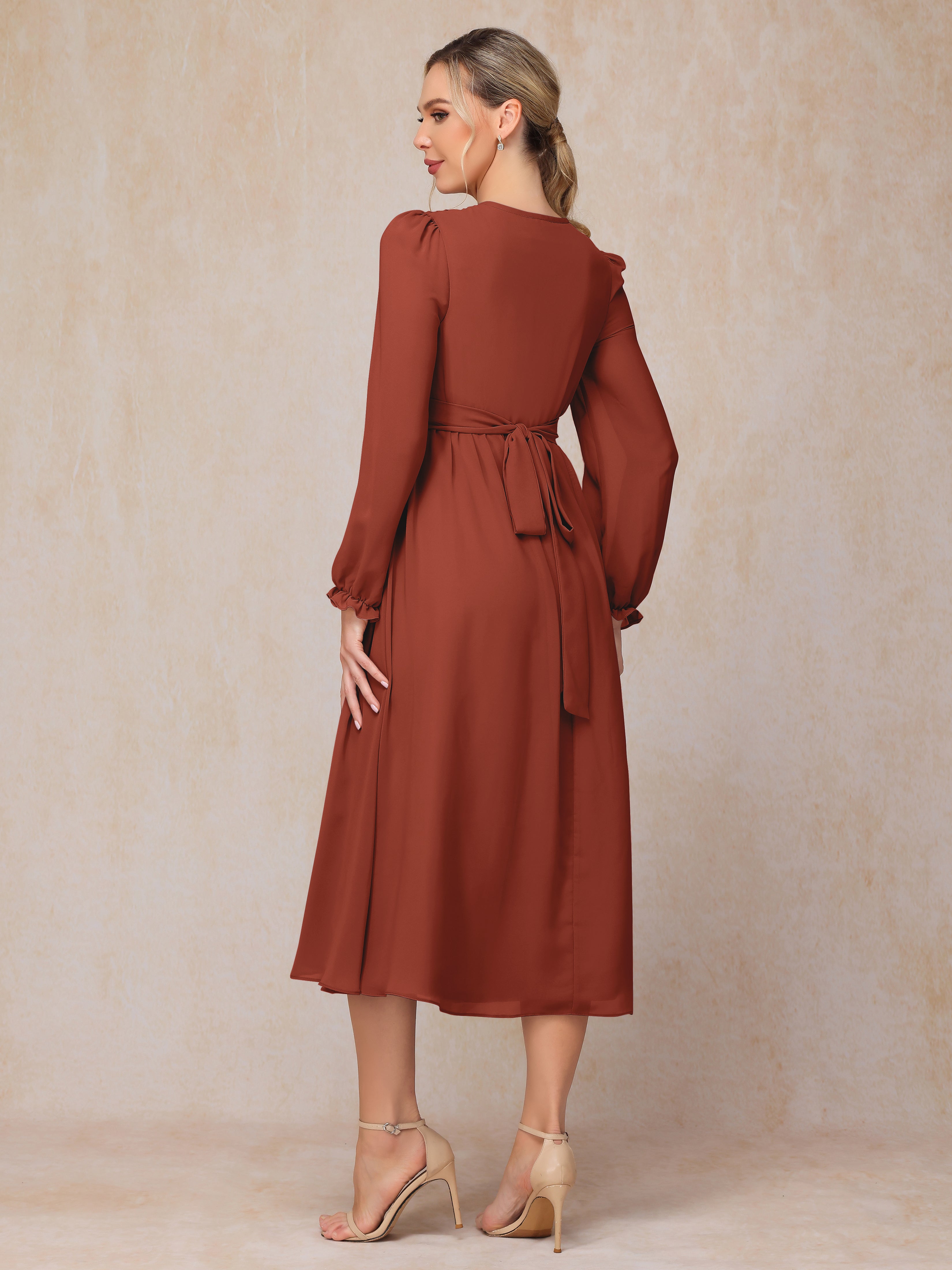 V Neck Long Sleeves Tea Length Chiffon Mother Of The Groom Dress