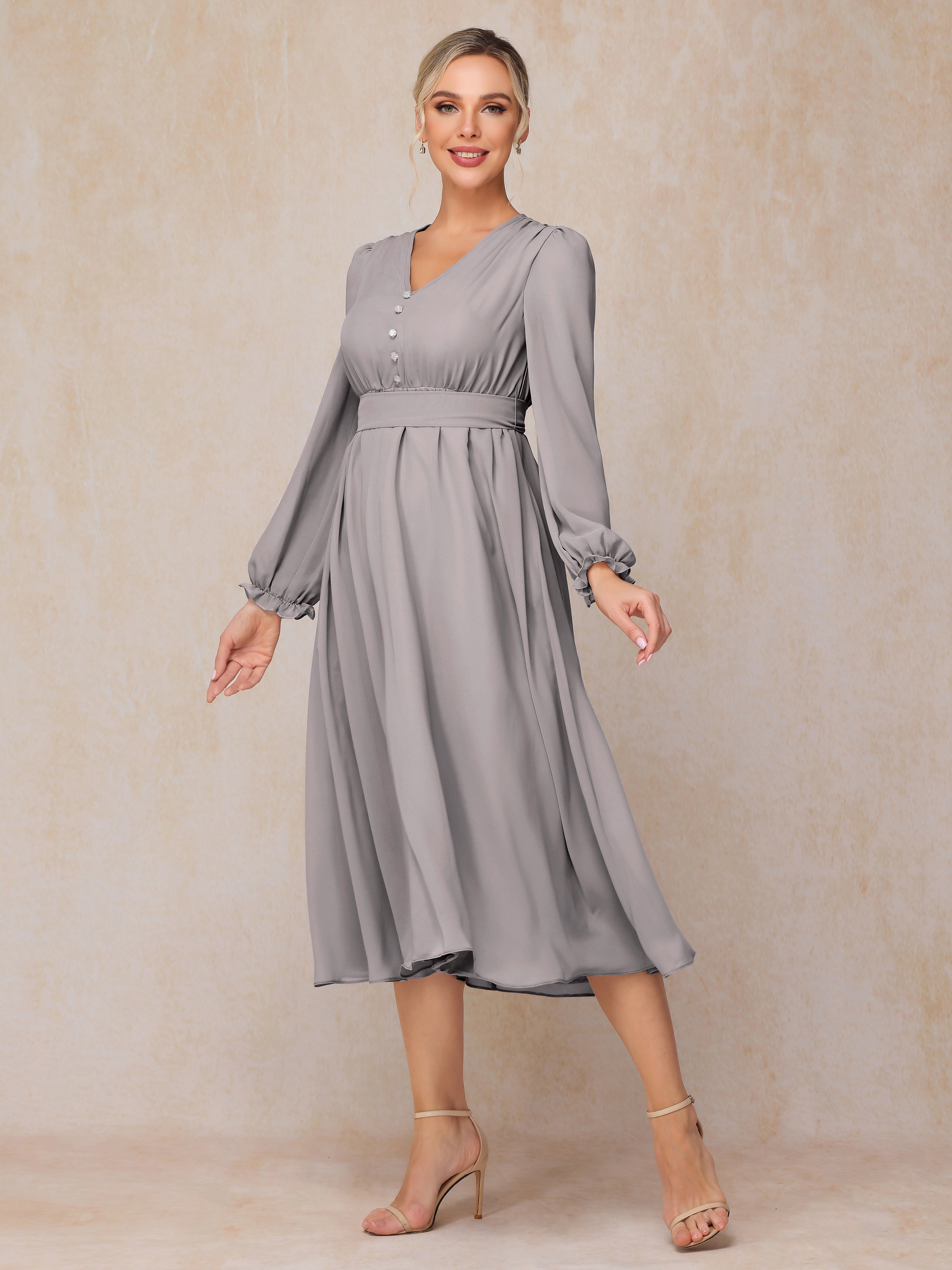 V Neck Long Sleeves Tea Length Chiffon Mother Of The Groom Dress