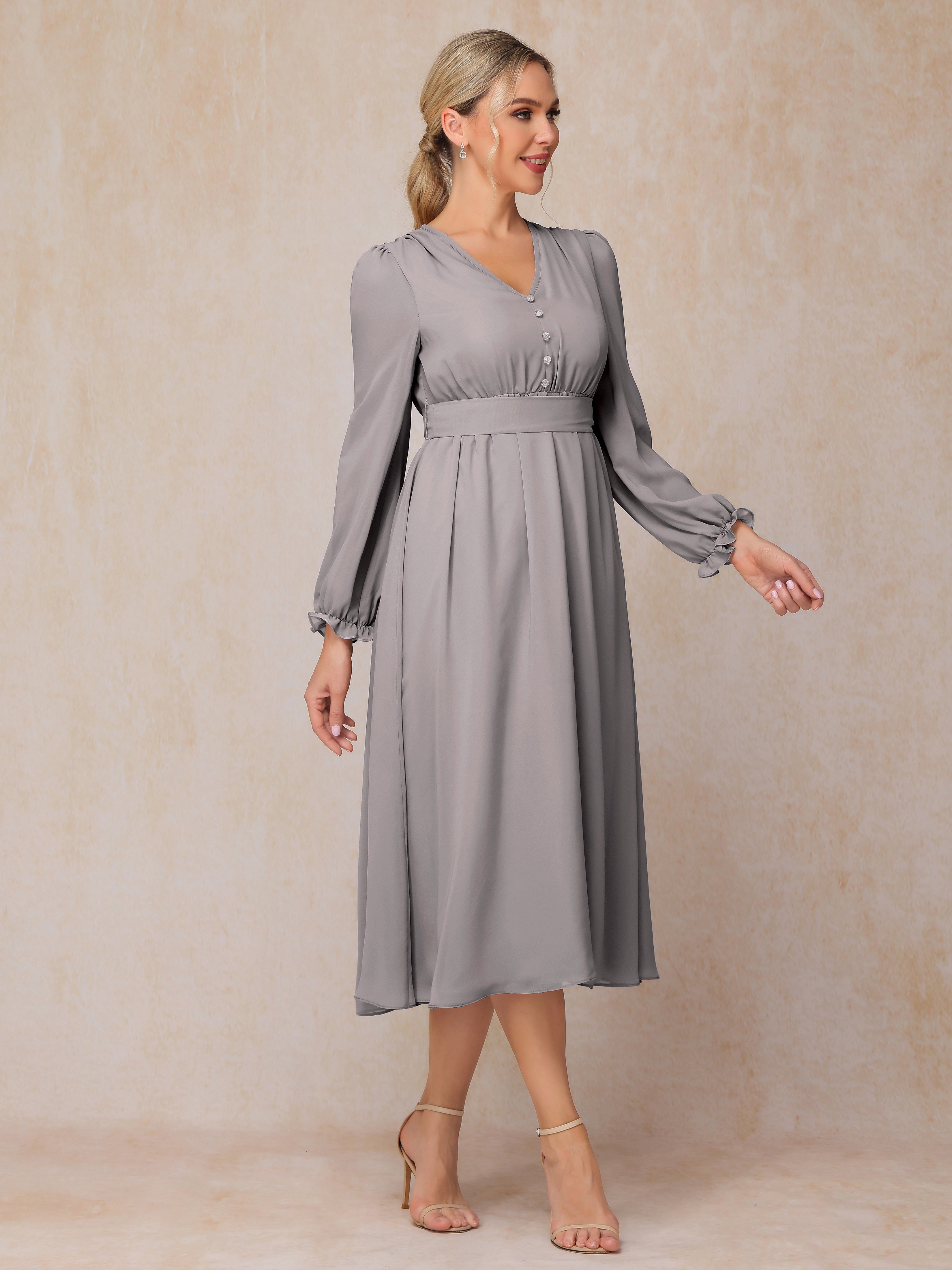 V Neck Long Sleeves Tea Length Chiffon Mother Of The Groom Dress