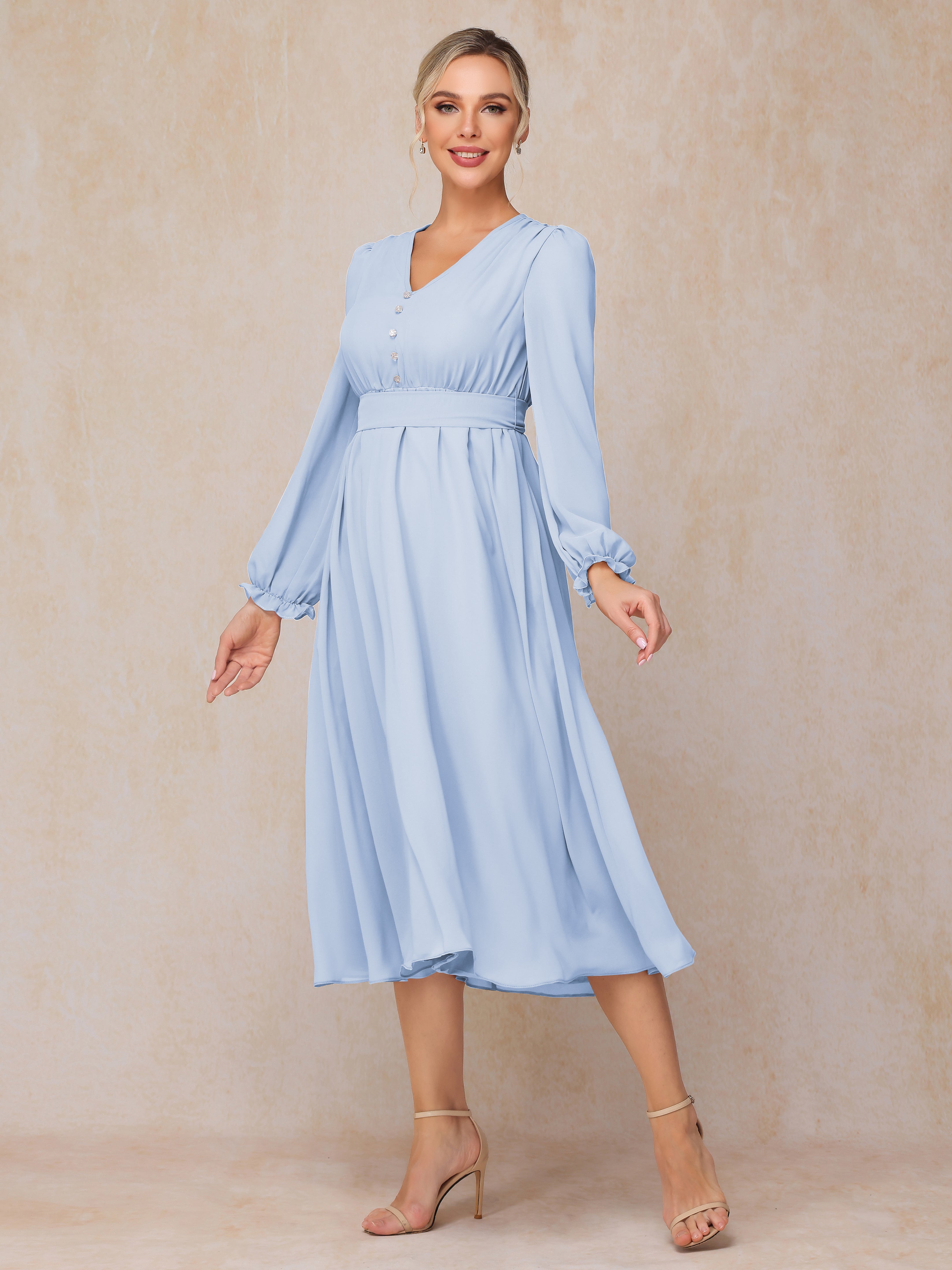 V Neck Long Sleeves Tea Length Chiffon Mother Of The Groom Dress