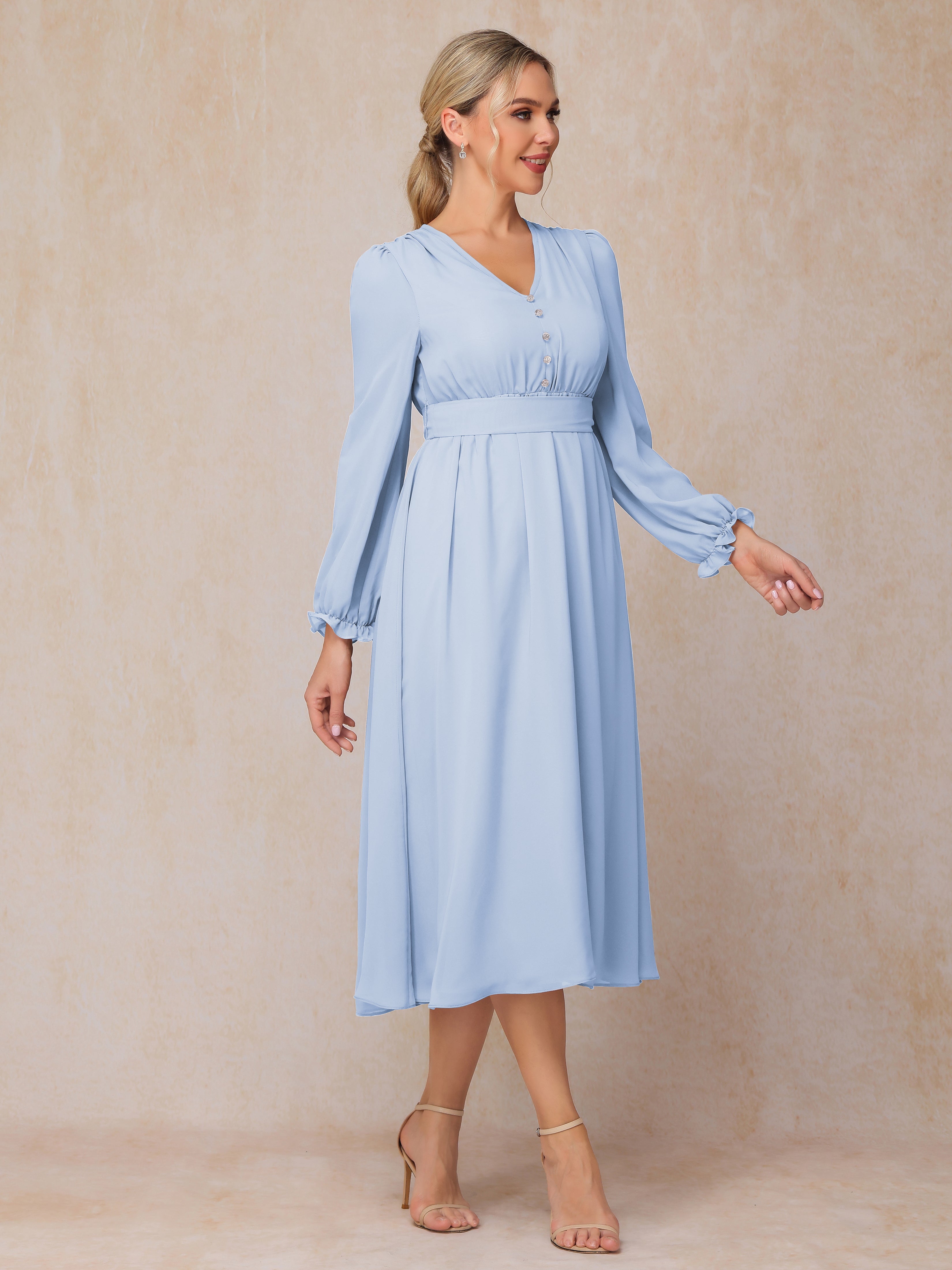 V Neck Long Sleeves Tea Length Chiffon Mother Of The Groom Dress